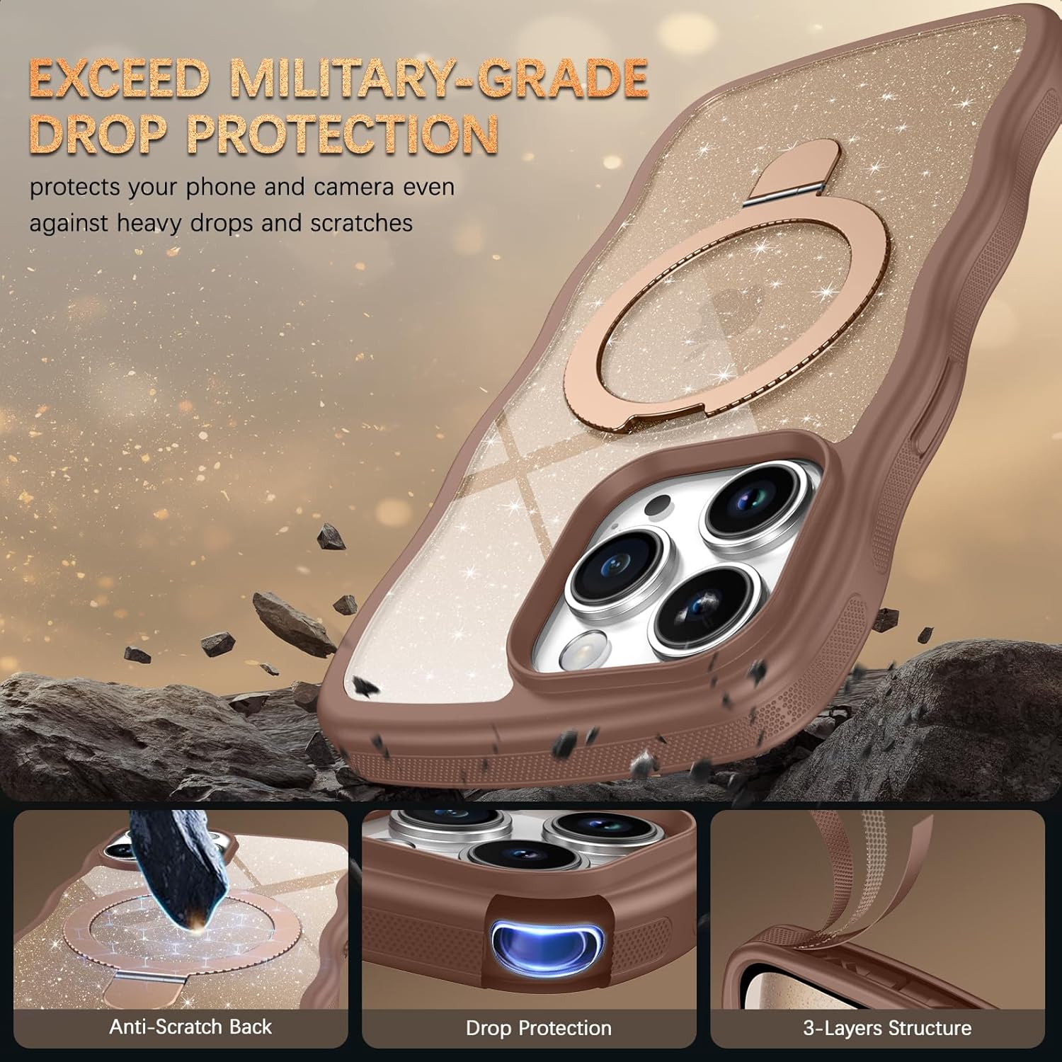 BENTOBEN Magnetic for iPhone 15 Pro Max Case with Invisible Kickstand Ring [Compatible with Magsafe] Clear Glitter Curly Wave Bumper Non-Slip Grip Shockproof Women Men Phone Cover, Desert Titanium - Image 7