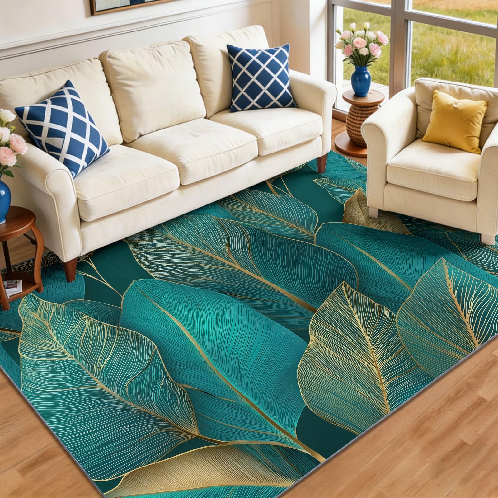 Luxe Moderne Léger Tapis Salon Poil Ras, 160 x 230 cm Minimaliste Bleu-Vert Botanique Feuilles Tapis de Salon et Doux, Tapis Chambre Adulte Descente Antidérapant Moquette Salon pour Salle à Manger