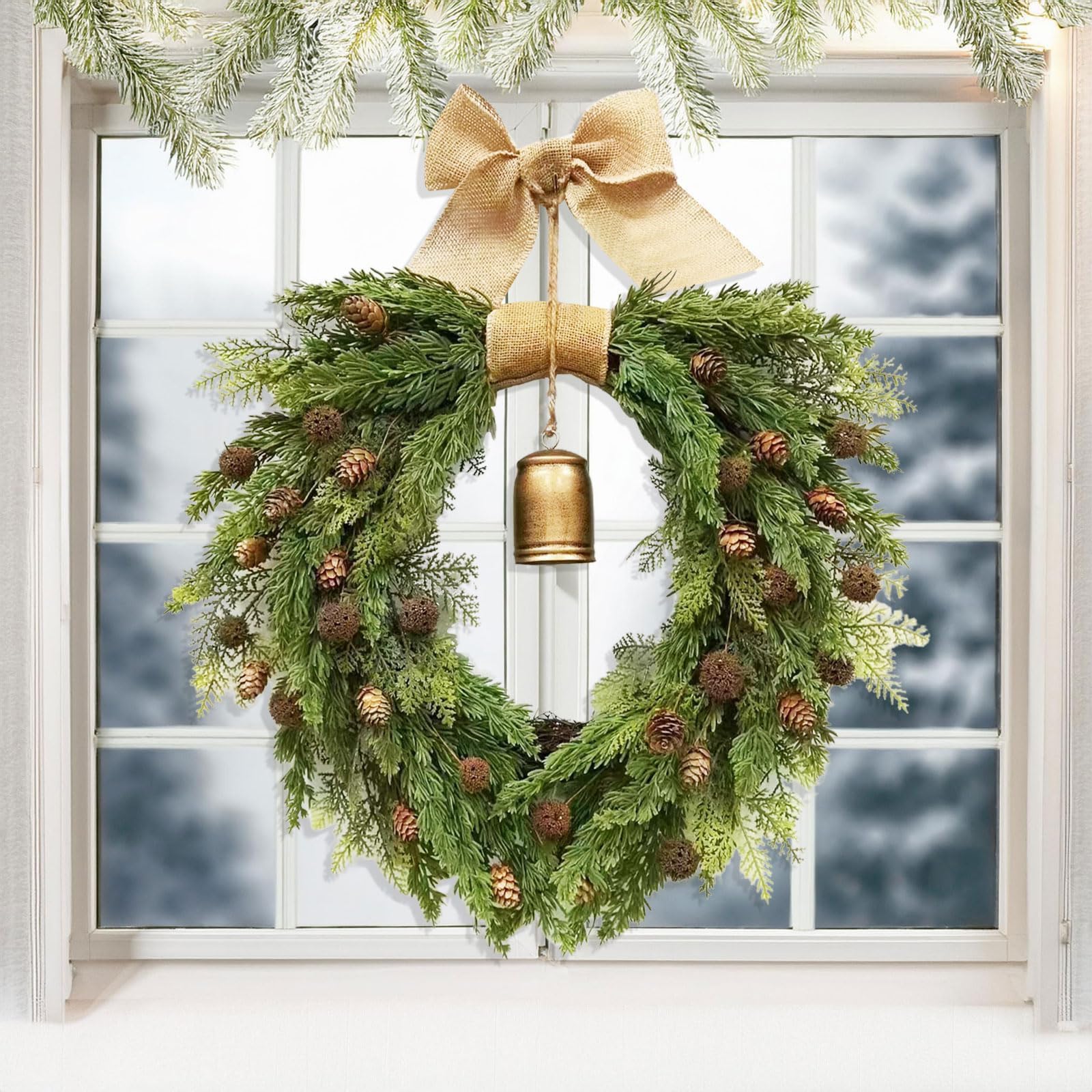 Adventskranz Künstlich, mit Tannenzapfen, Juteschleife und Metallglocke, Türkranz Weihnachten für Haus, Veranda und Fenster(3PCS)