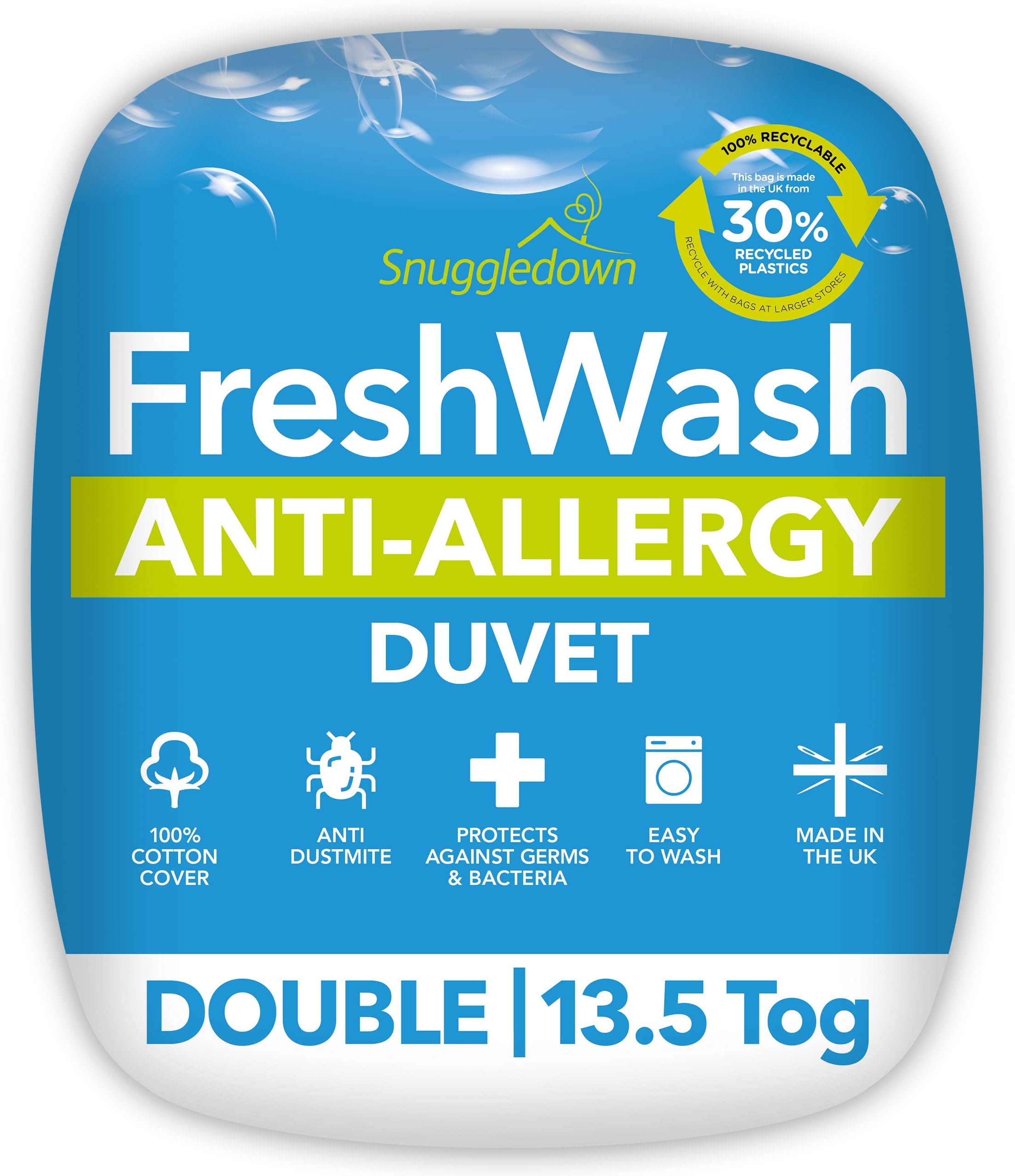 Freshwash Anti Allergy Double Duvet - 4.5 Tog Lightweight Cool Summer Quilt for Night Sweats - Anti Bacterial, Soft Cotton Cover, Hypoallergenic, Machine Washable, Size (200cm x 200cm)