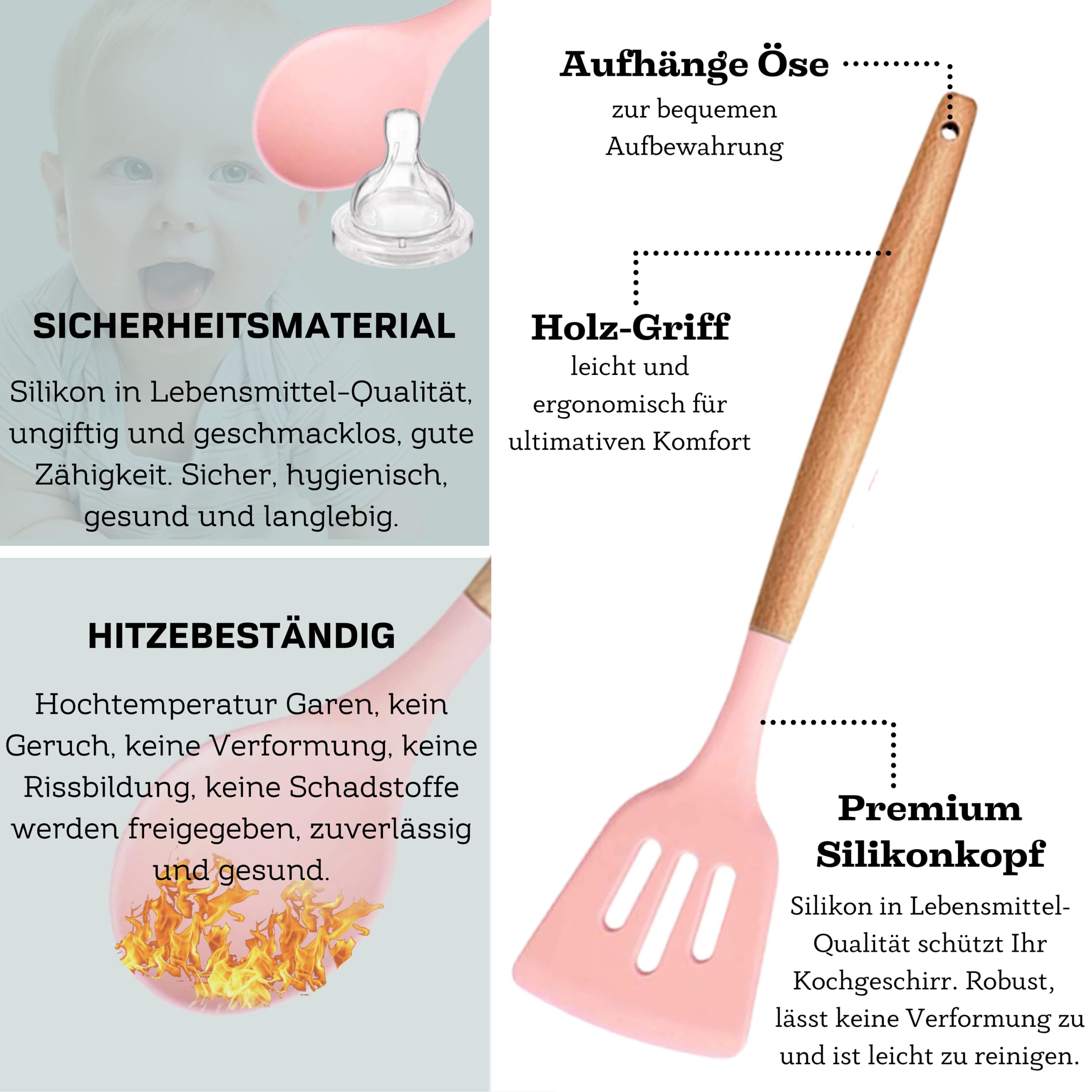 38 tlg. Küchenhelfer Set in verschiedenen Farben Silikon Kochbesteck mit Holzgriff (Rosa)