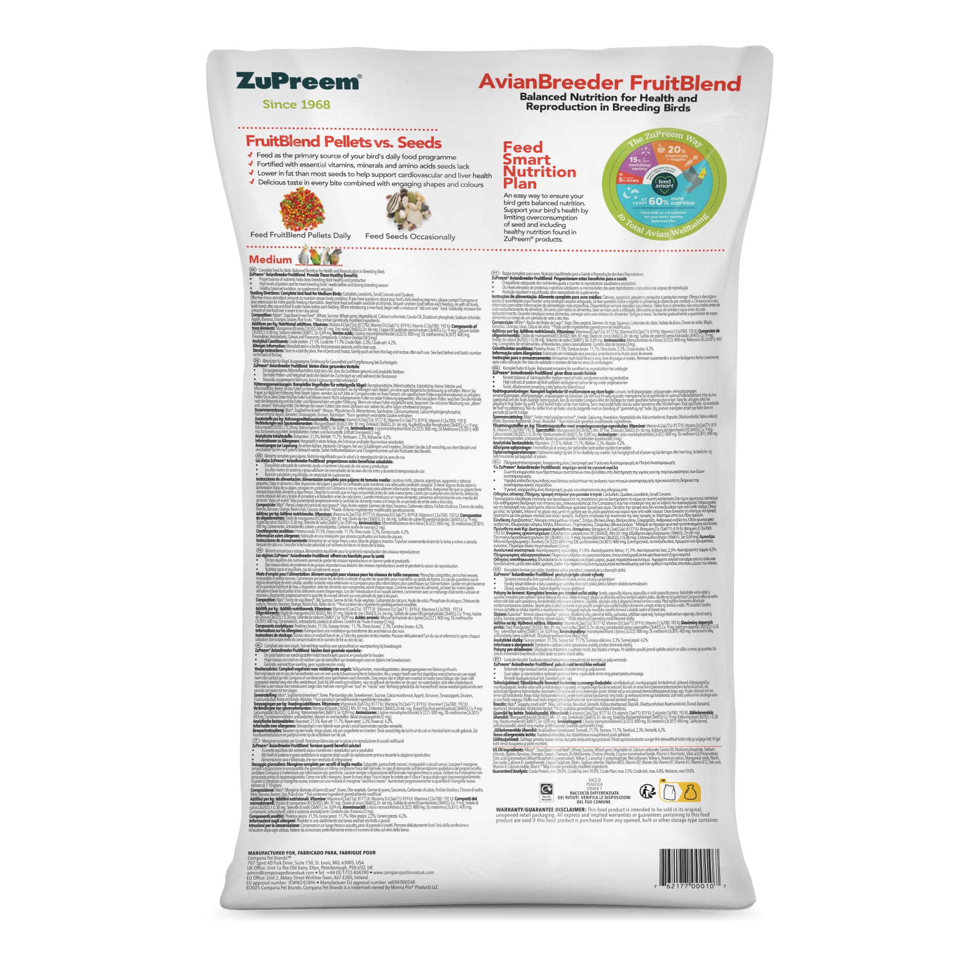 Zupreem Multifrutas Breeder Alimento para Aves de Tamaño Mediano - Pienso para Pájaros Indicado para la Cría de Agapornis, Cacatúas NINFA, Cotorras Pequeñas y Cotorras Argentinas - 18 kg