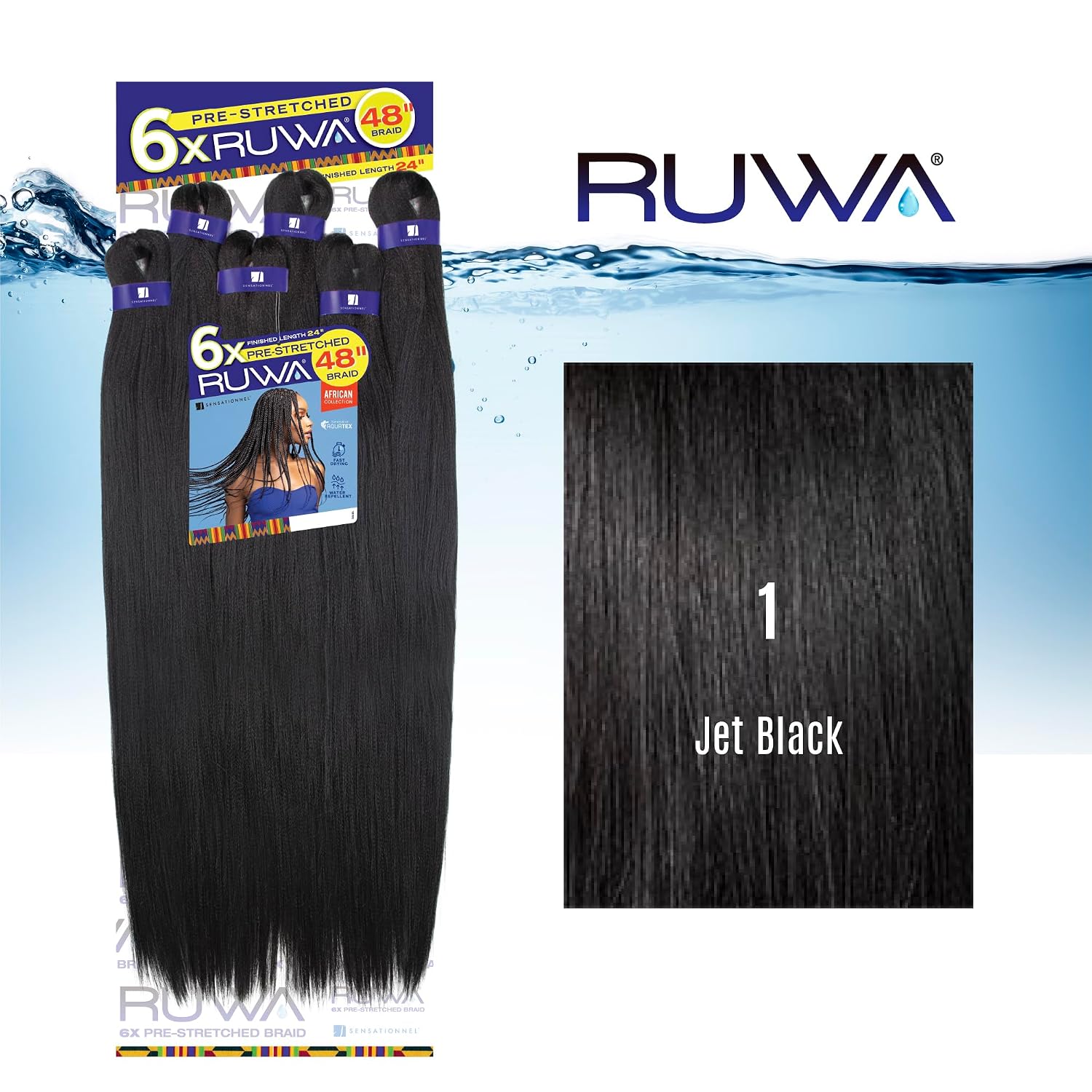 Sensationnel Ruwa Prestretched Braiding Hair - 6x 48 Inch Water Repellent Kanekalon Fast Dry Synthetic Sports Itch Free (1 JETBLACK)