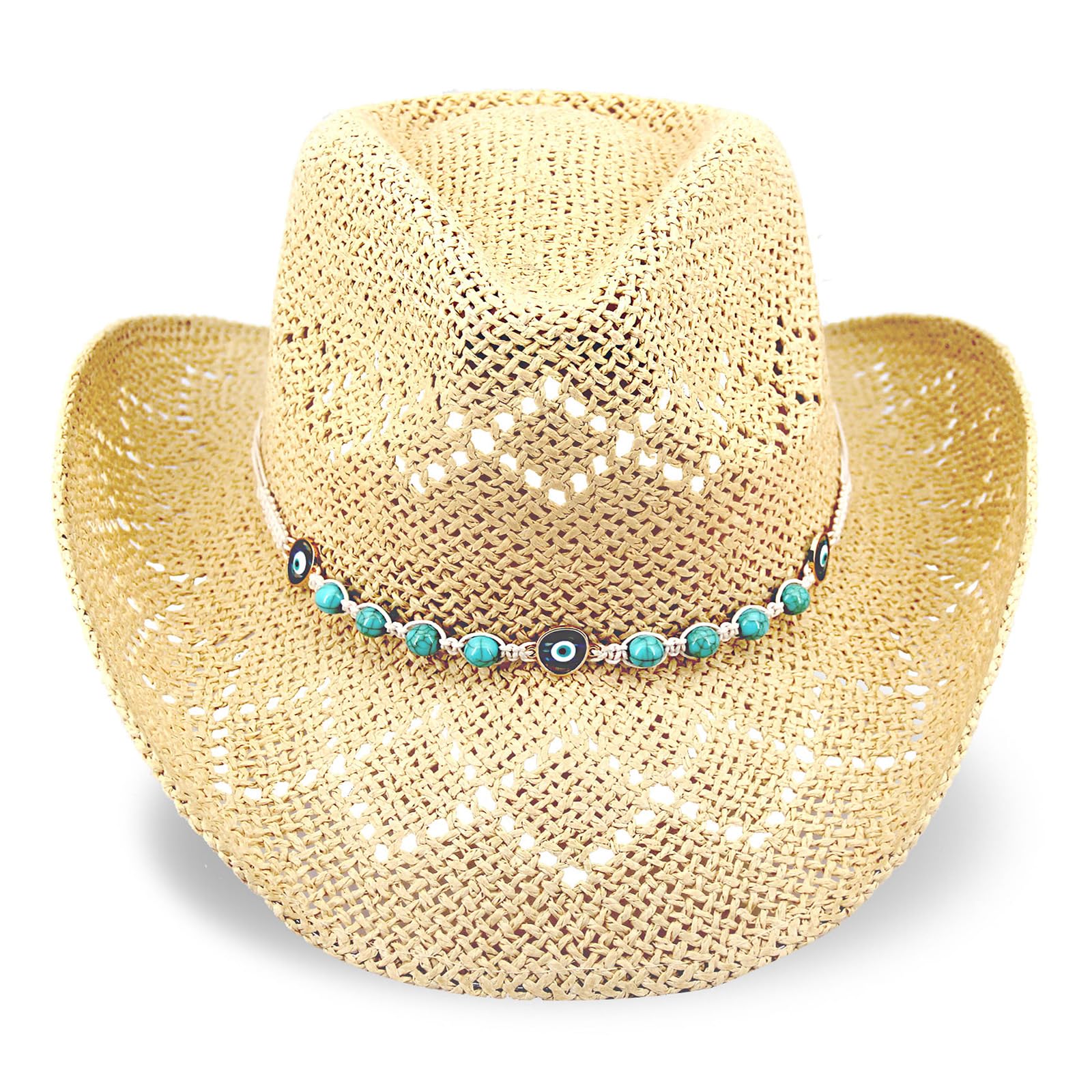 Women's Western Cowgirl Hat Men's Cowboy Hat Straw Cowboy Hat Woven Sun Hat Western HatUnique Two Decorative Bands (US, Alpha, One Size, X-Large, Beige-Eyestone)
