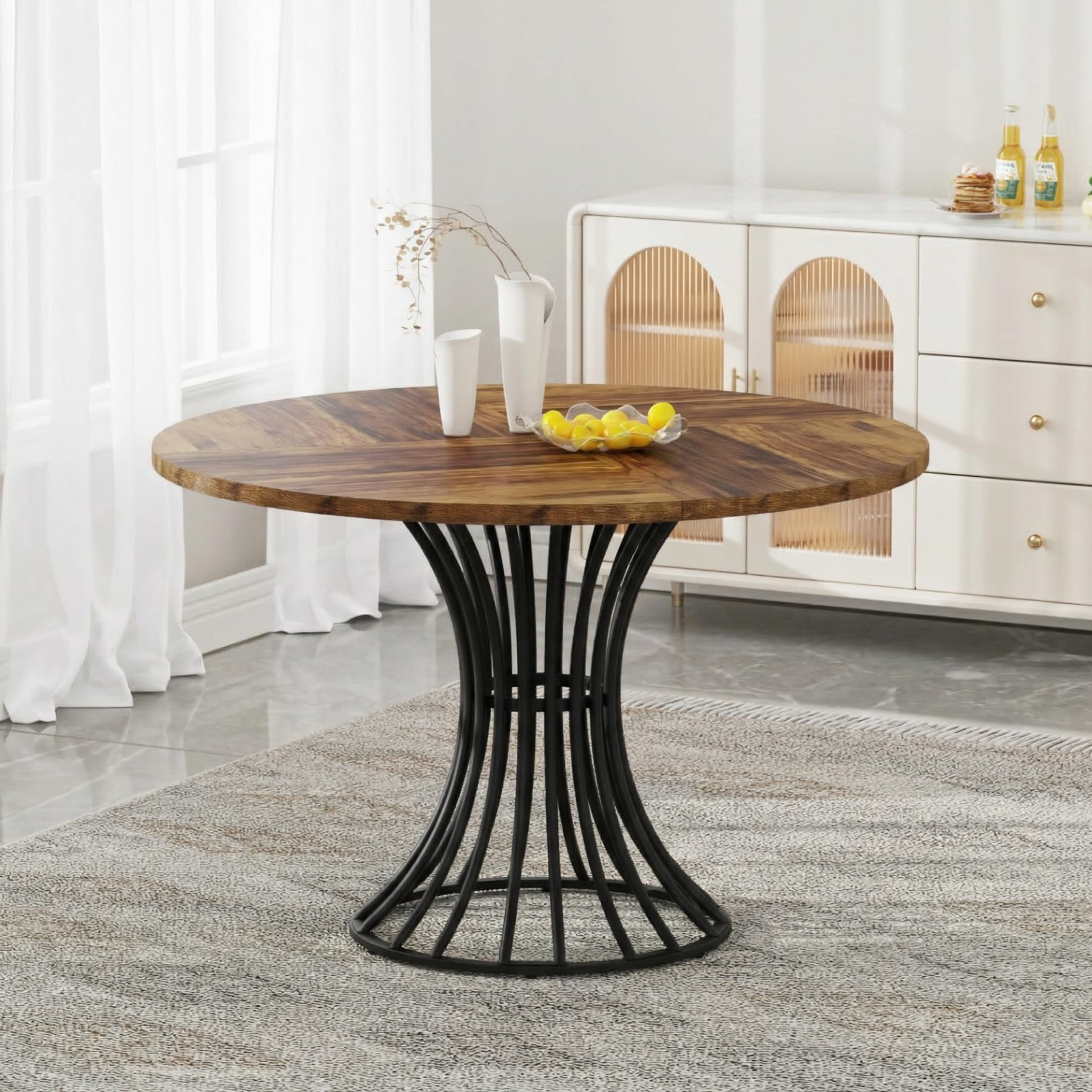 IMHKAM Wooden Round Dining Table for 4-6 People,120cm Kitchen Table,Retro-style Dining Table with Black Metal Legs for Dining Room,Living Room or Kitchen