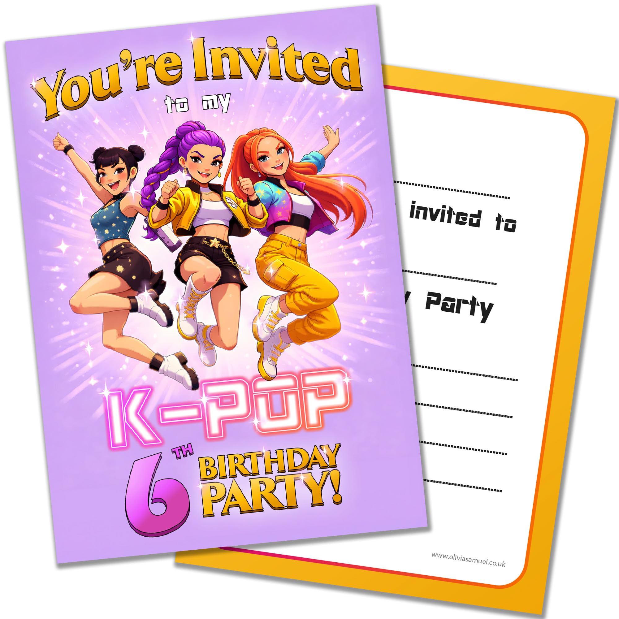 PACK 20 K Pop 6th Birthday Party Invitations with Envelopes Cartoon Animated Design Double Sided Cards Designed and Printed in the UK