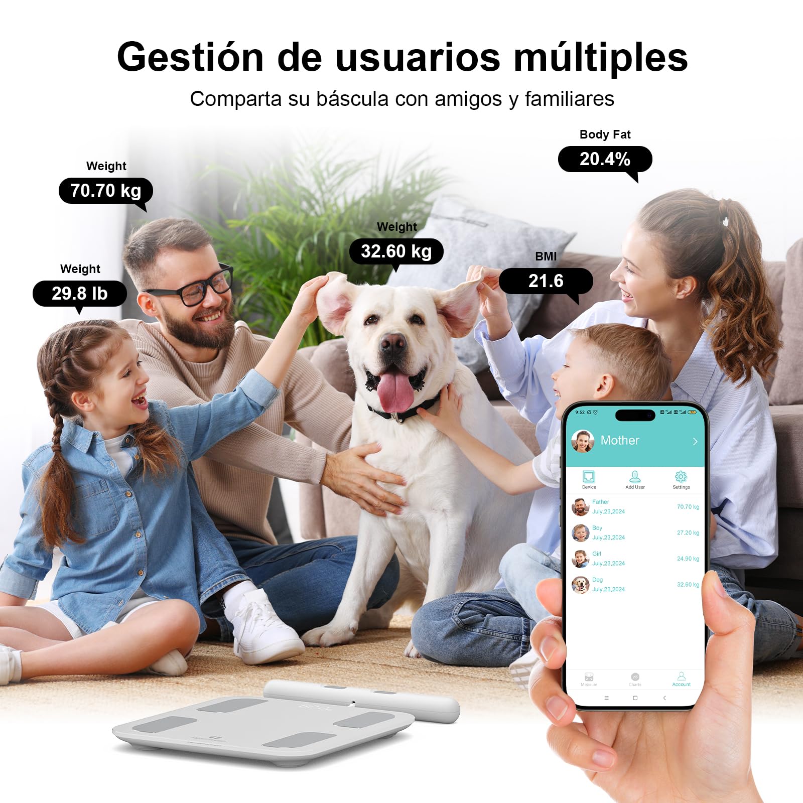 Báscula Inteligente de Baño con 8 Electrodos, Báscula de Precisión Bioimpedancia, Básculas Digitales Baño, 18 Mediciones Esenciales, para Andriod y iOS
