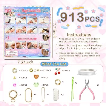 Kasmena 900+ Pcs DIY Bag Charm & Keychain Making Kit with Beads and Charms
