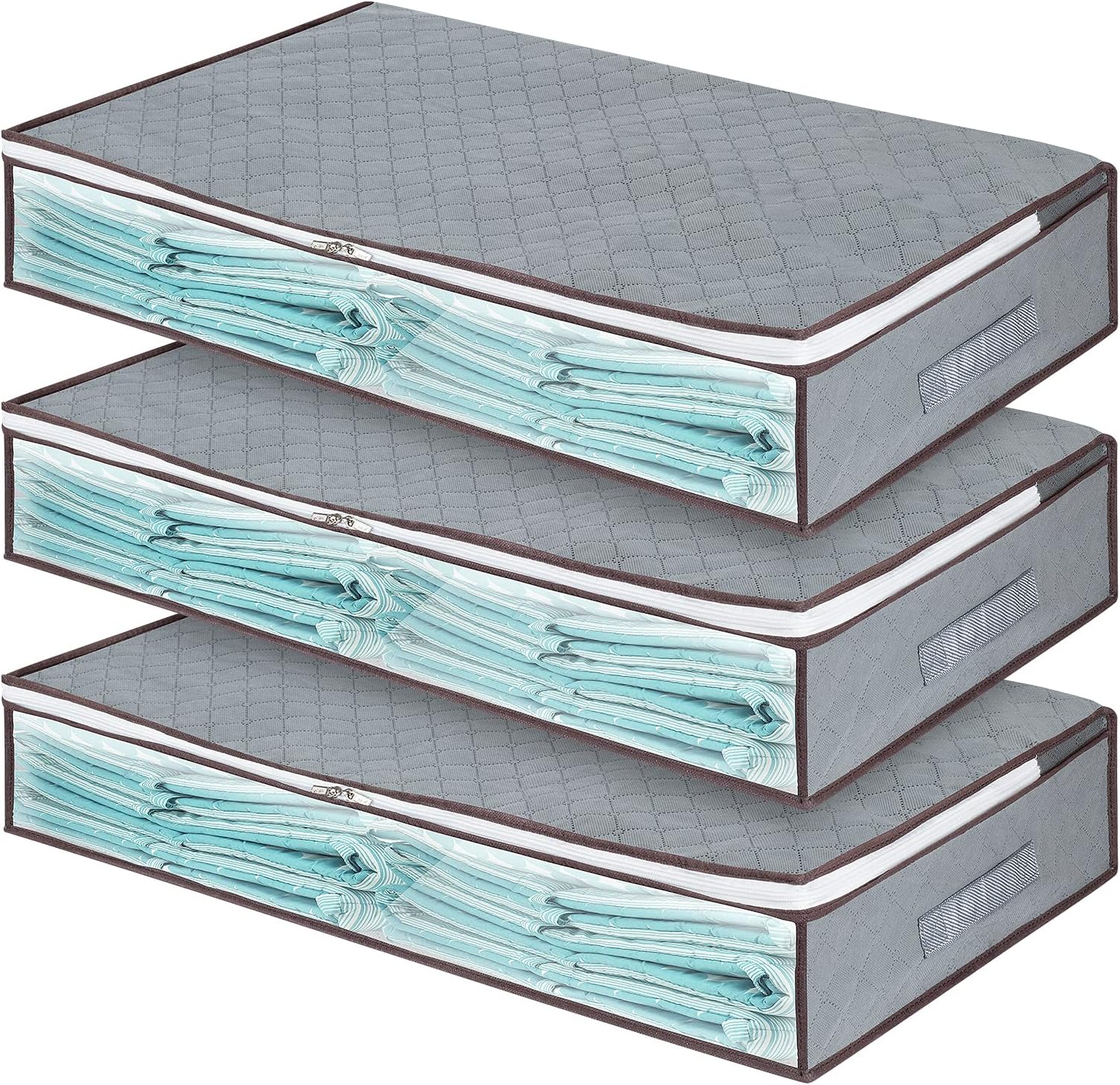 3 Pack Underbed Storage Bags with Zips, Large Under Bed Organiser Containers Boxes Containers for Clothes Bedding Comforter with Clear Window (long grey 2)