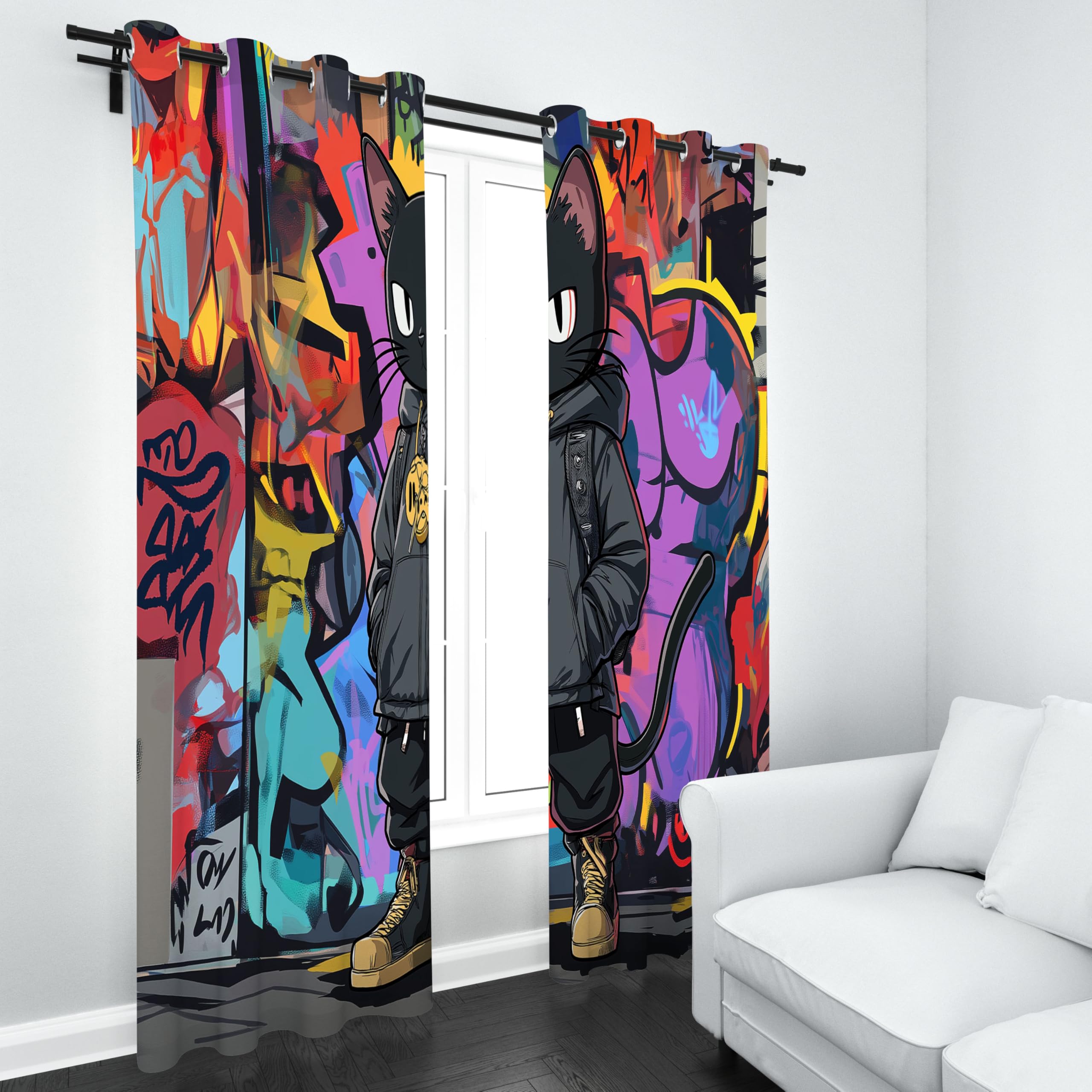 Rideau Chat Hip Hop, Lot de 2 à Oeillets 70L x 160H, Rideau Chaton Noir Graffiti Culture Grunge Hippie Occultant Isolant Anti Froid, pour Chambre Enfant, Intérieur Decoration