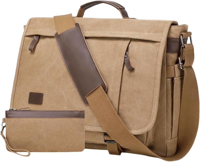 Bolsa de mensajero de 17,3 pulgadas para hombres: 2PCS Bolsa para computadora portátil Maletín de trabajo de lona de cuero PU Oficina grande