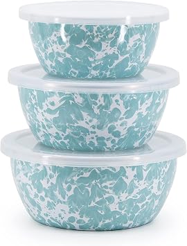 Golden Rabbit Enamelware Nesting Storage Bowls with Lids, Set of 3, Sea Glass | Mixing, Serving & Storage Bowls, Carbon Steel Core with Porcelain Enamel Finish, Stainless Steel Rim for Durability