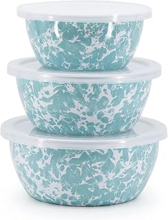 Golden Rabbit Enamelware Nesting Storage Bowls with Lids, Set of 3, Sea Glass