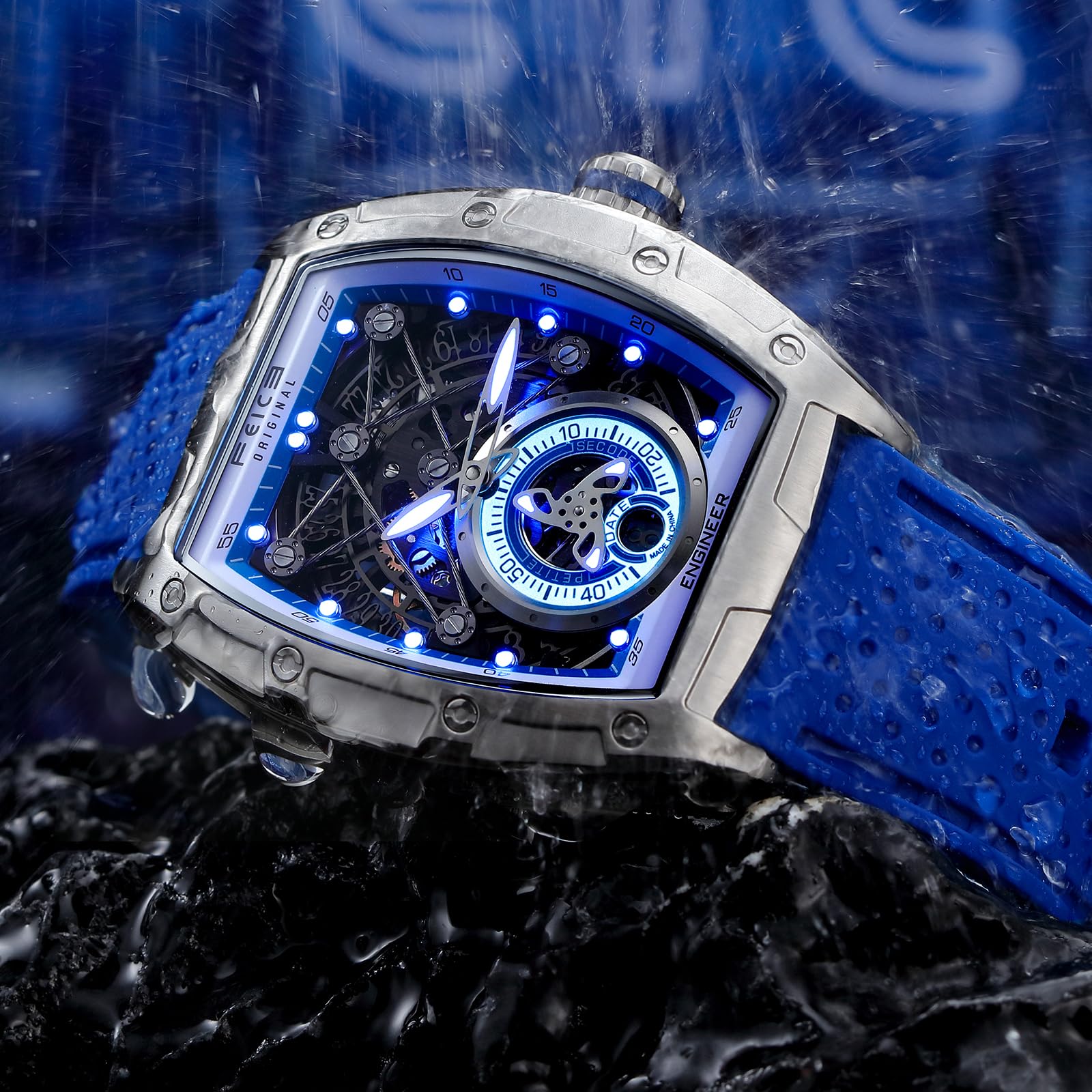 FEICE FM503 Orologio da Uomo Orologio Automatico Scheletrato Data Blu | Meccanico, Data, Forma a Barilotto, Vetro Minerale Blu Galvanizzato, Cinturino in Silicone Liquido, Cassa in Acciaio Inox