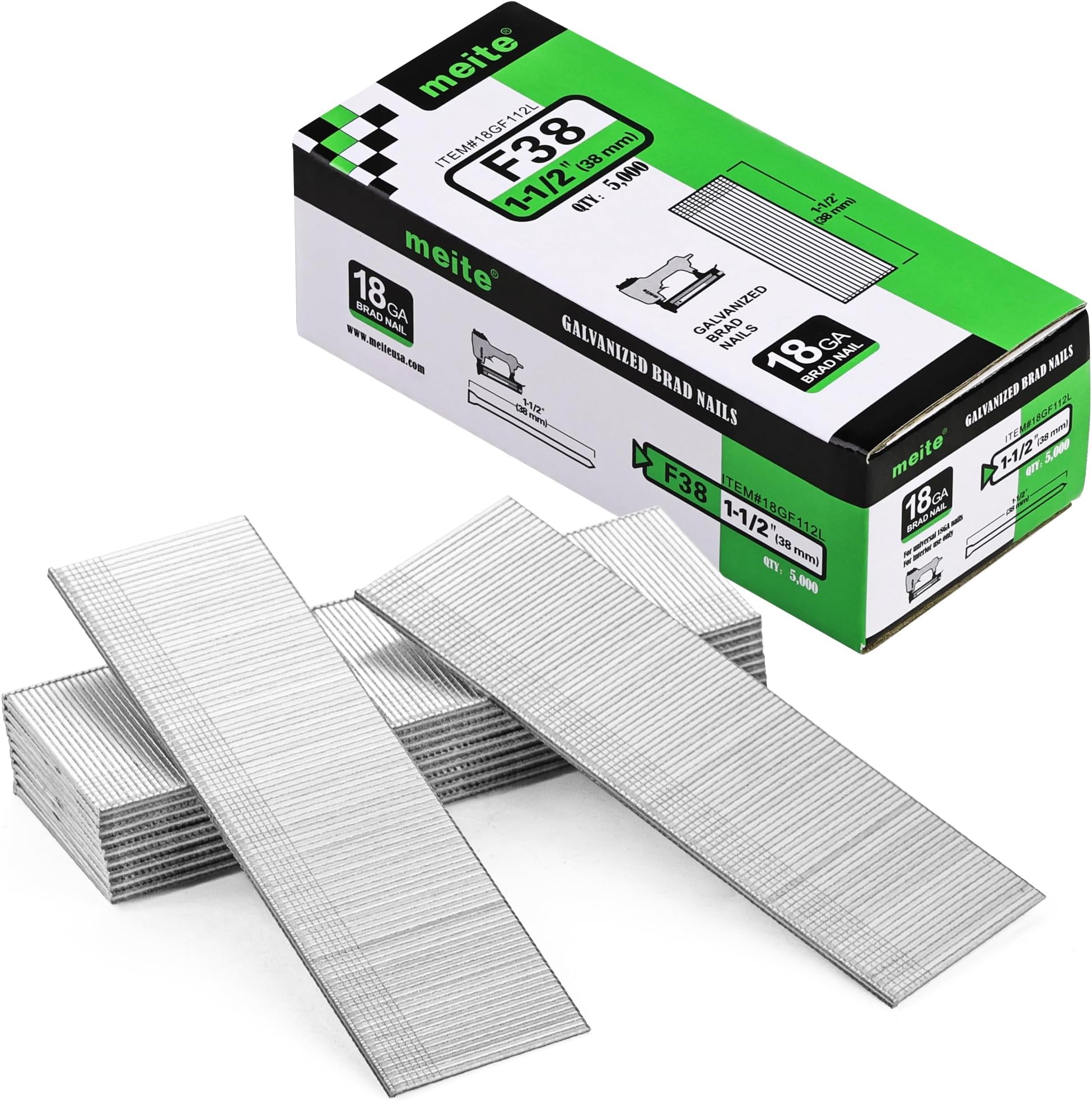 meite 18 Gauge Brad Nails, 1-1/2-Inch 18GA Brad Nails, Galvanized Nail Gun Nails for Pneumatic, Electric Brad Nailer Gun (5,000 Counts)