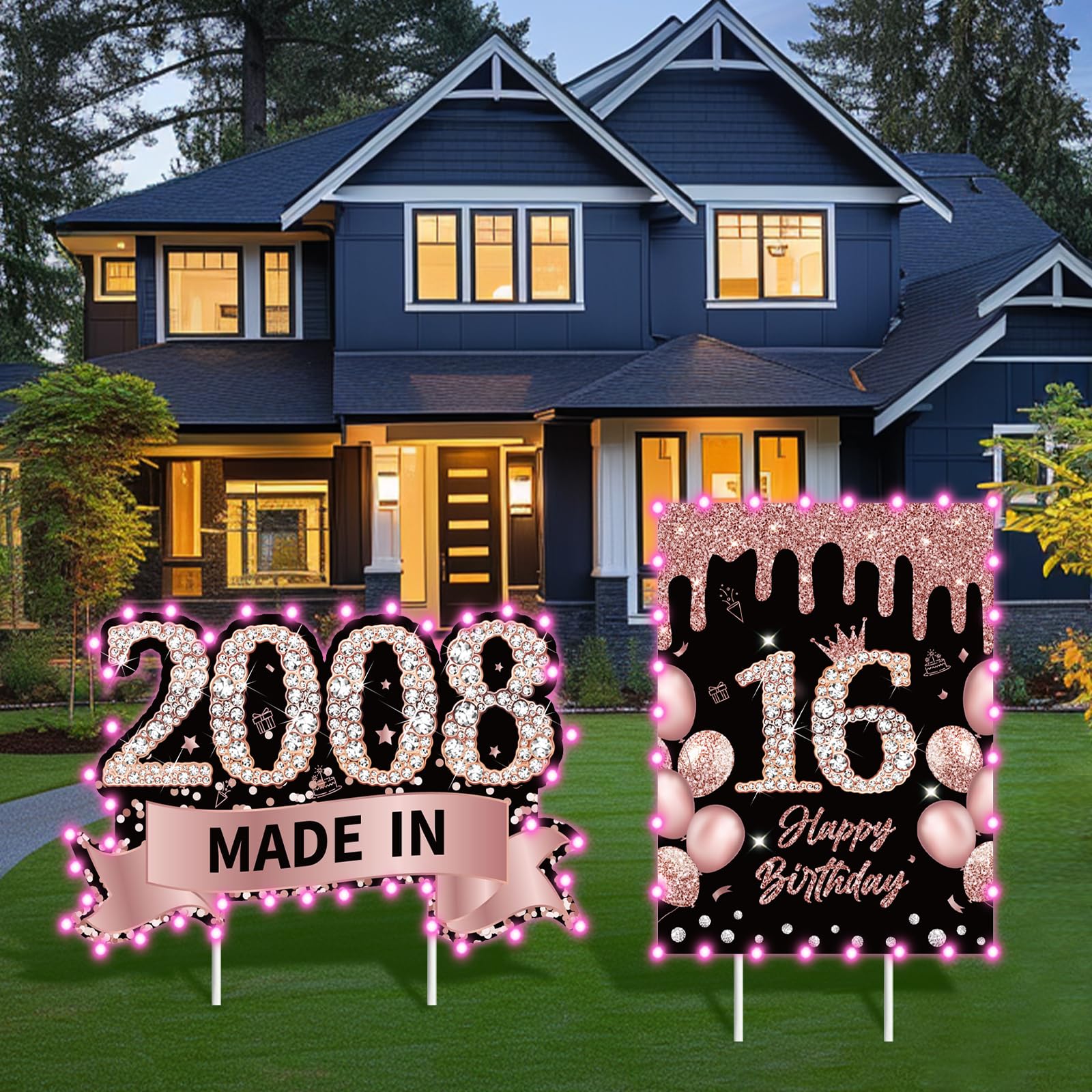 16th Birthday Yard Sign with String Lights and Stakes, 2Pcs Large Size Happy 16th Birthday and Made in 2008 Birthday Sign, Outdoor Lawn Signs Birthday Decorations Party Supplies, Shiny Pink and Black