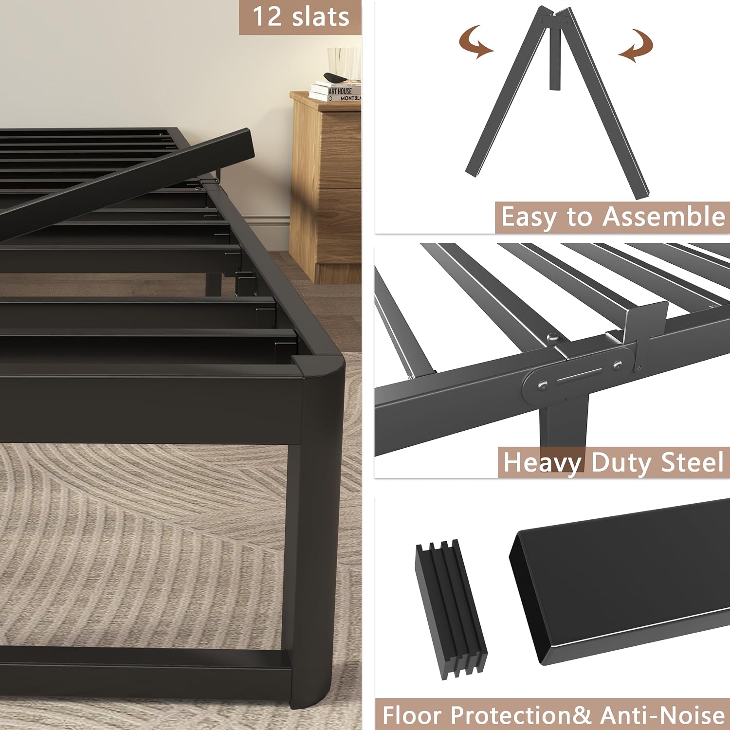 ZTH Twin Size Metal Platform Bed Frame 12 in, No Box Spring Needed, Black | Heavy duty support, Underbed storage, Noise-free design, Anti-slip clips, Rounded legs, Easy assembly, Headboard compatible