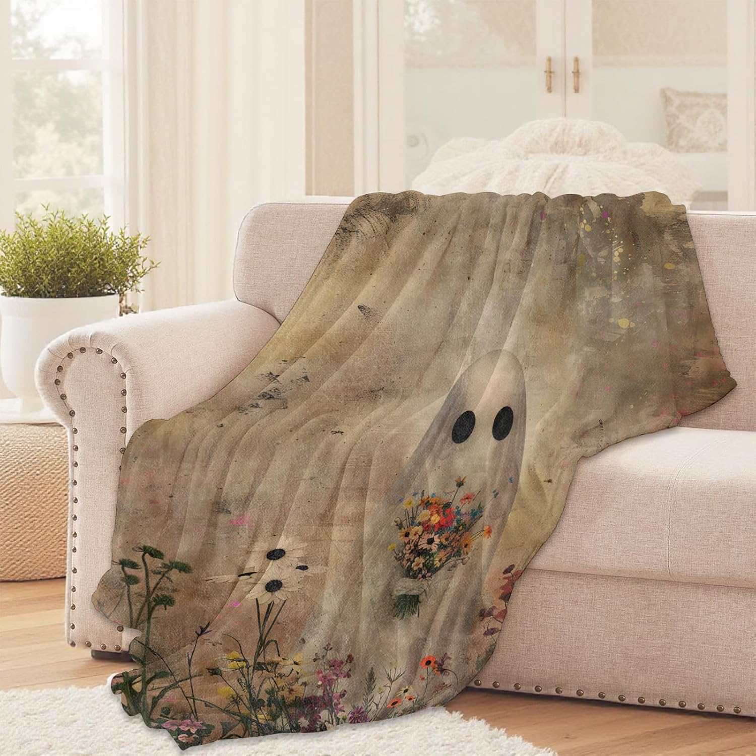 Cute Ghost with Flowers Throw Blanket for Girls Boys Kids Adults, 50x60 in, Cozy Flannel Blanket for Bedroom, Camping, Couch, Room Decor, Fuzzy Warm Soft Gifts - Image 2