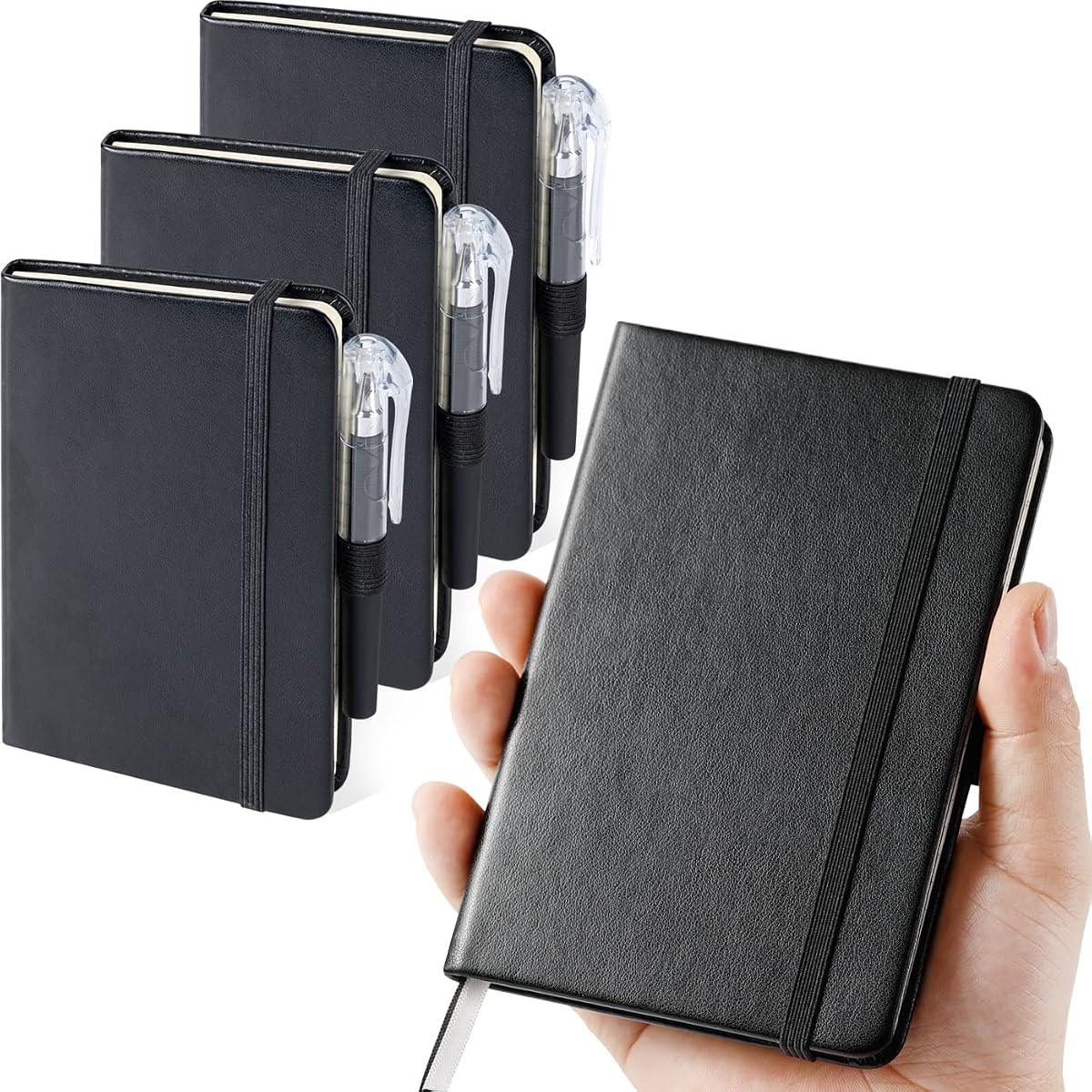(Paquete de 3) Cuaderno de bolsillo pequeño con bolígrafo, 3.7" x 5.7", Mini cuaderno A6 para mujeres y hombres, escritura de trabajo, Bloc de notas de bolsillo pequeño de tapa dura con papel forrado grueso premium de 100 g/m², cuero negro