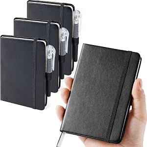 Small Notebook Pocket Journal, A6 3.7" x 5.7", 3 Pack, Black Leather Cover