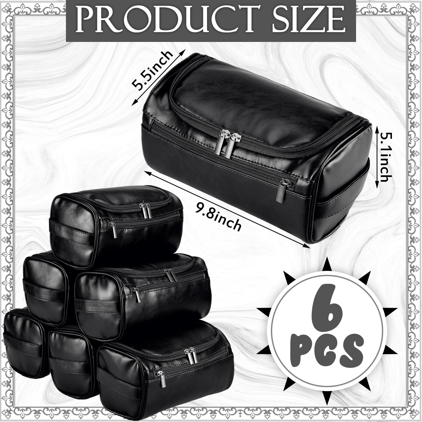 Aliceset 6 borse da toilette in pelle da uomo con gancio, regalo per testimoni dello sposo, borsa da viaggio in pelle regalo per lui, marito, padre, con manico laterale, nero