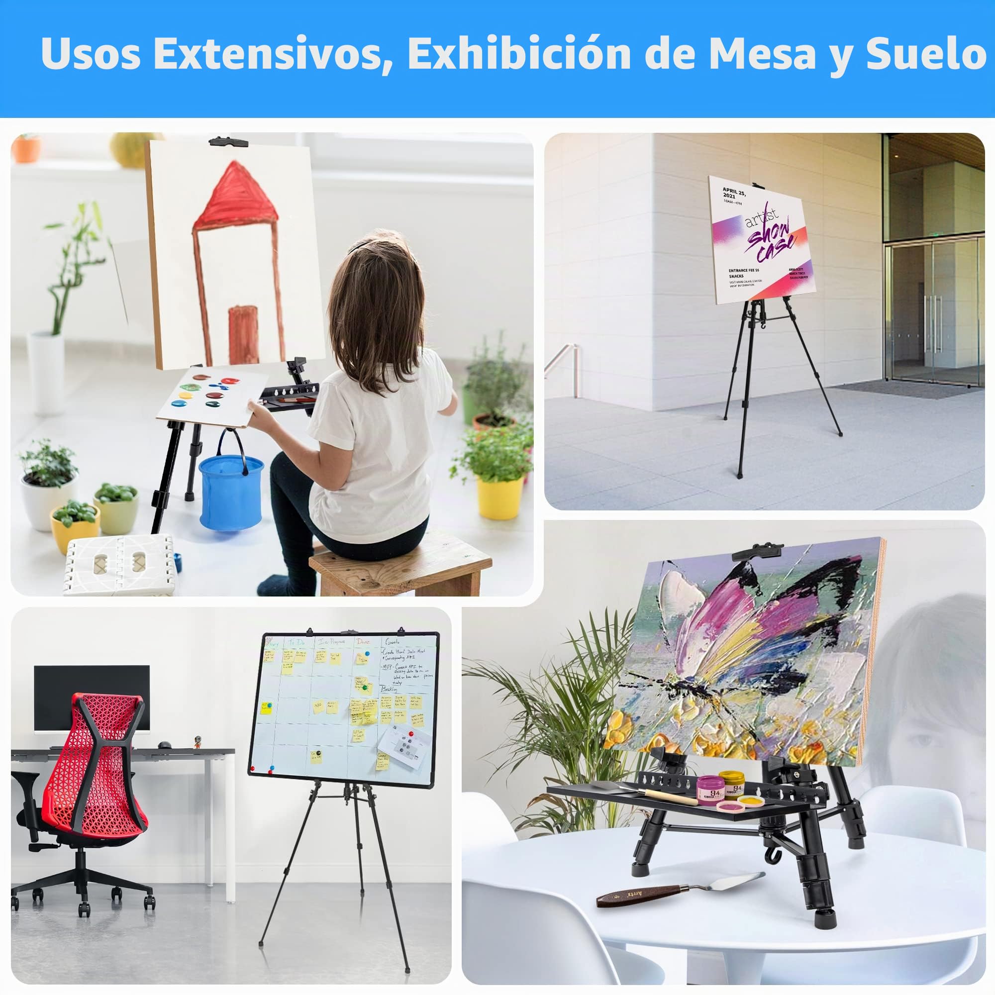 Caballete de arte para pintar, ajustable de 50 a 152 cm, trípode plegable, caballete de exhibición con bolsa, barril, prón, mesa y pintura de suelo, dibujo artístico (negro)