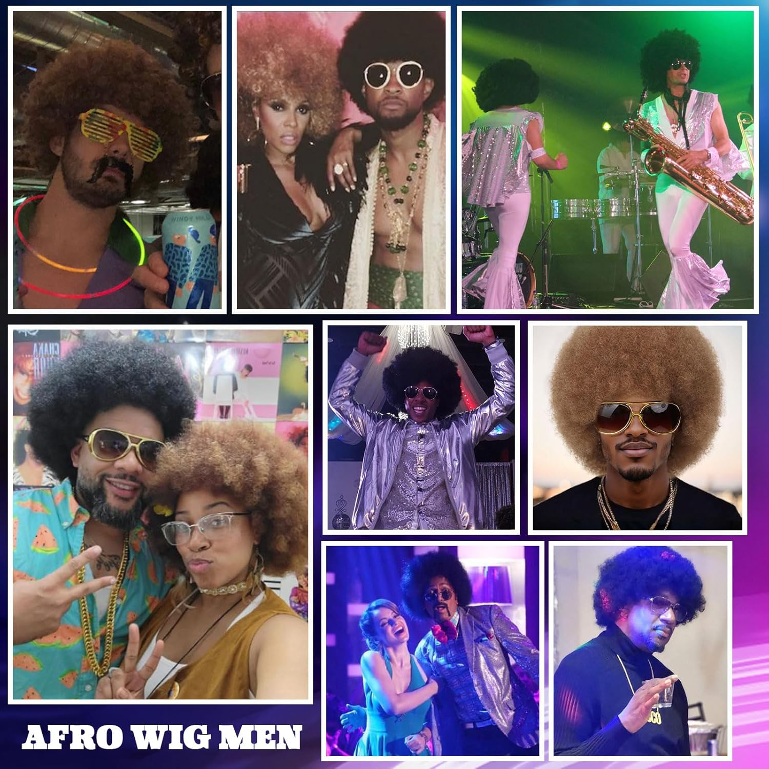 Mens Afro Wigs for 70s Rocker Disco Party 5pcs Set (Wig+ Glasses+ Disco Necklace+ Mustache+ Wig Cap) Afro Puff Wigs for 70s 80s Halloween Costume Cosplay Party Use (Black) - Image 2