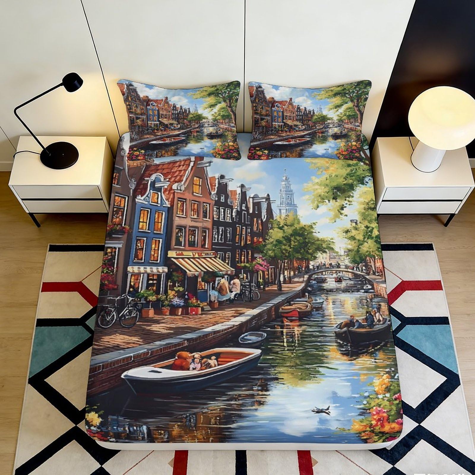 3D Printed Amsterdam Canal View Fitted Sheet Microfiber Soft Colorful Cityscape Bed Cover for Bedroom Guest Room 180x200x25cm