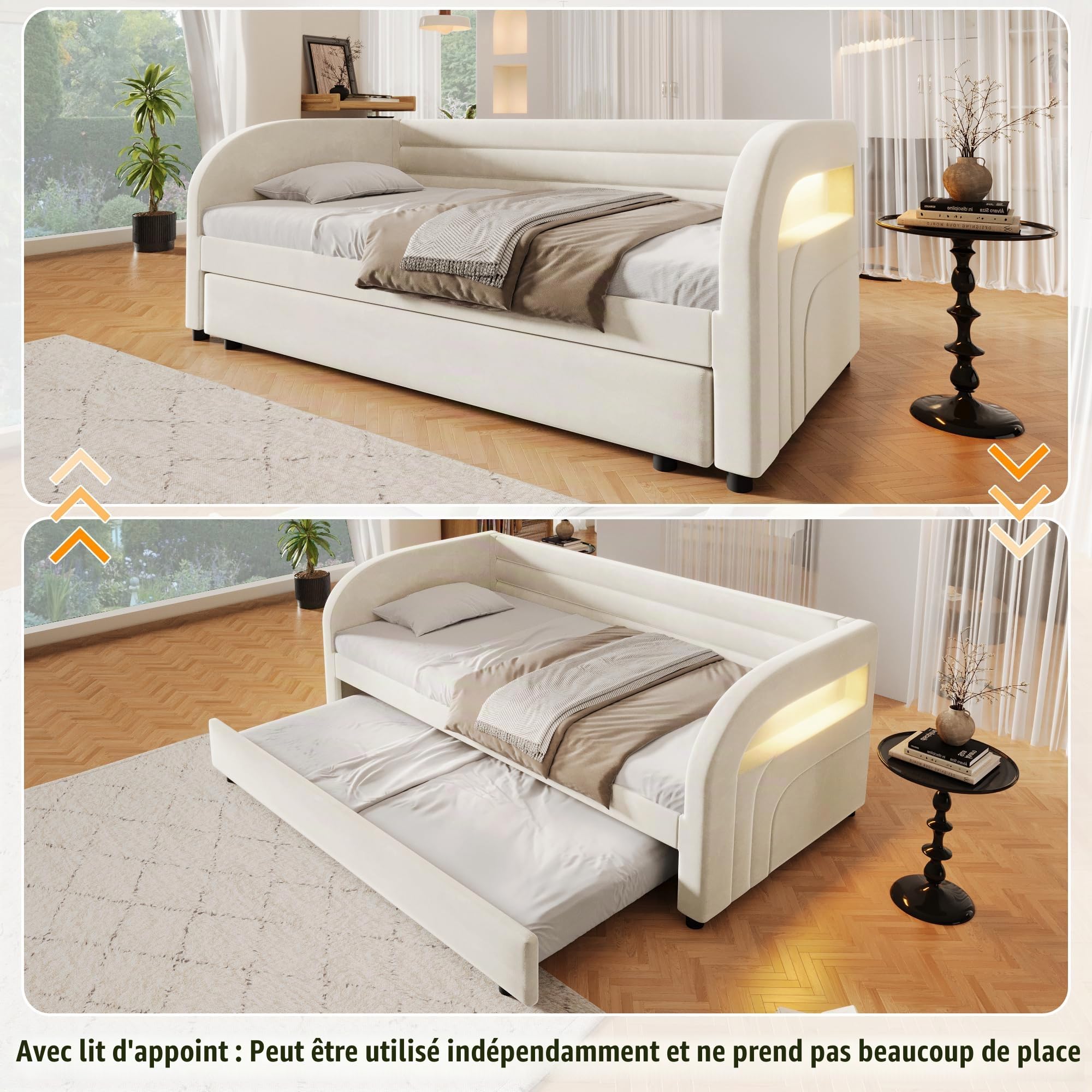 Lit 90x200 cm Capitonné avec Sommier à Lattes et Banquette Gigogne LED RGB - Lit Plateforme Design en Velours pour Chambre Décoration Moderne - Cadre de Lit Robuste et Confortable
