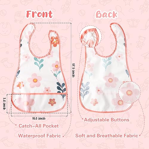 Miniatura 2 de R HORSE Juego de 5 baberos para bebés con bolsillo para atrapar migas y botón a presión, baberos impermeables para bebés de 6 a 24 meses