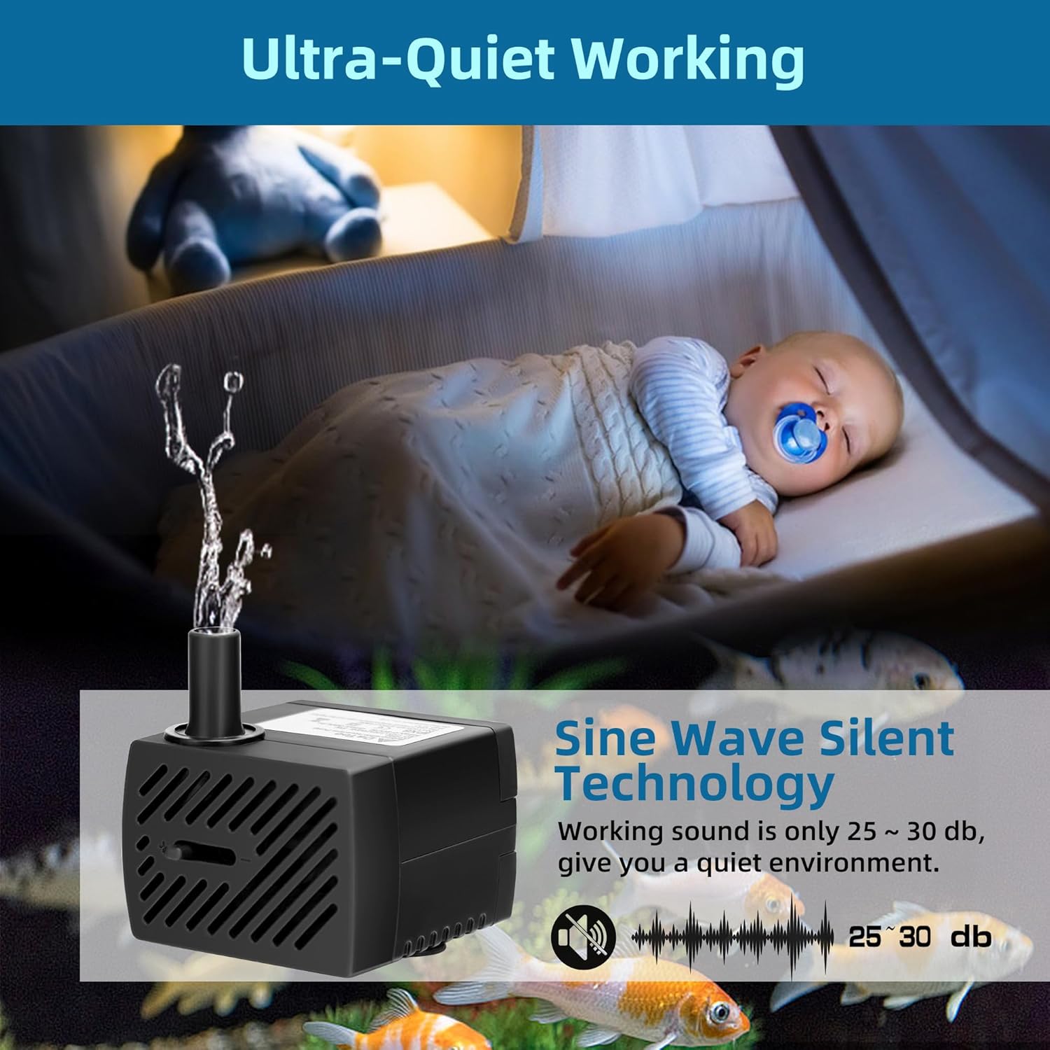 Image depicting the ultra-quiet operation of the DaToo water pump, showing a baby sleeping peacefully with the pump in an aquarium.