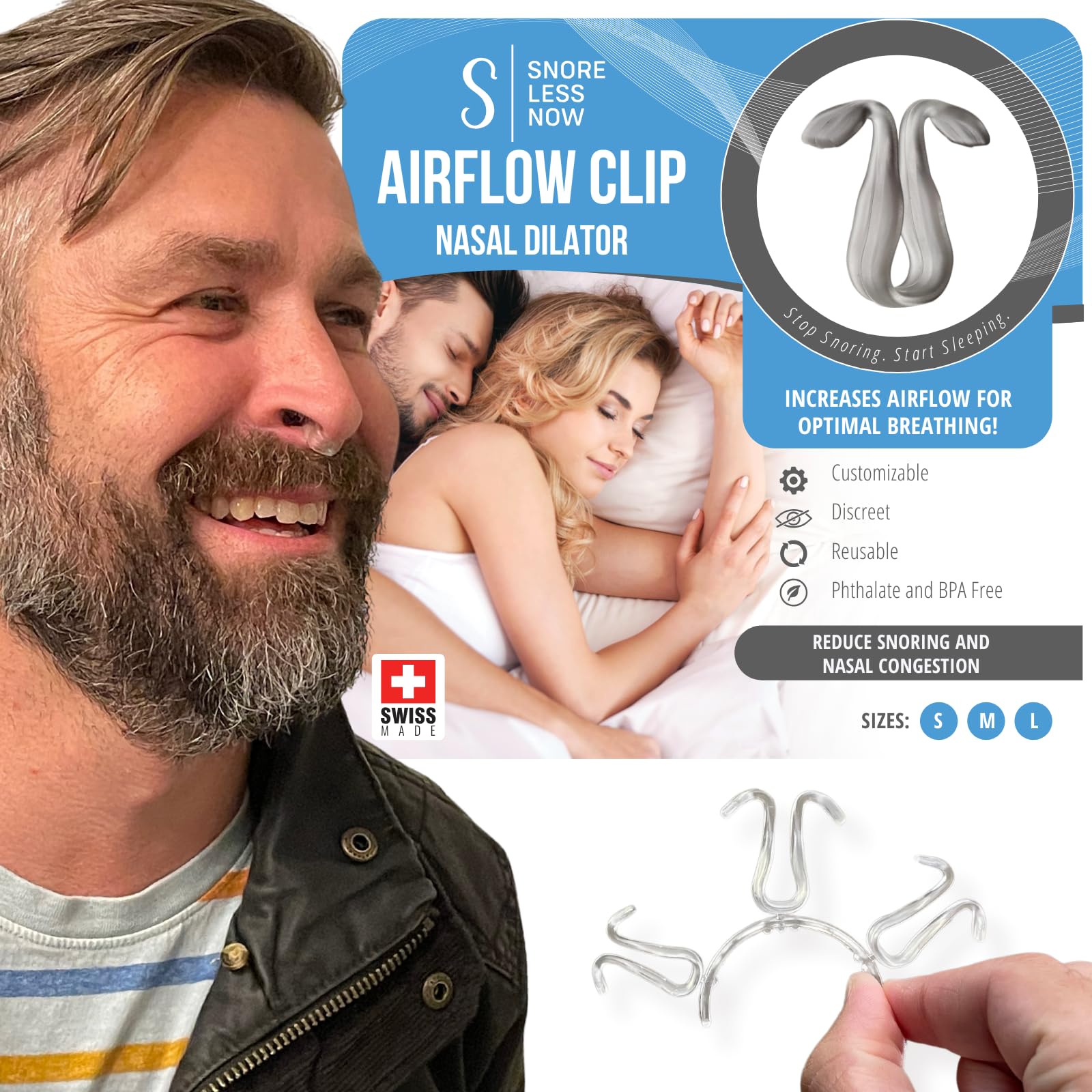 Airflow Clip Nasal Dilator by SnoreLessNow | Swiss-Made Anti-Snoring Nose Clip | Nasal Dilators for Sleeping & Breathing, BPA-Free Nasal Expander for Deviated Septum Relief | Nasal Dilator for Snoring