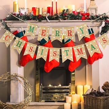 jijAcraft Pre-Assemble Christmas Banner Burlap, Merry Christmas Banner for Home Office Mantel, Happy Holidays for Indoor Outdoor Decor, Holiday Sign Xmas Party Supplies