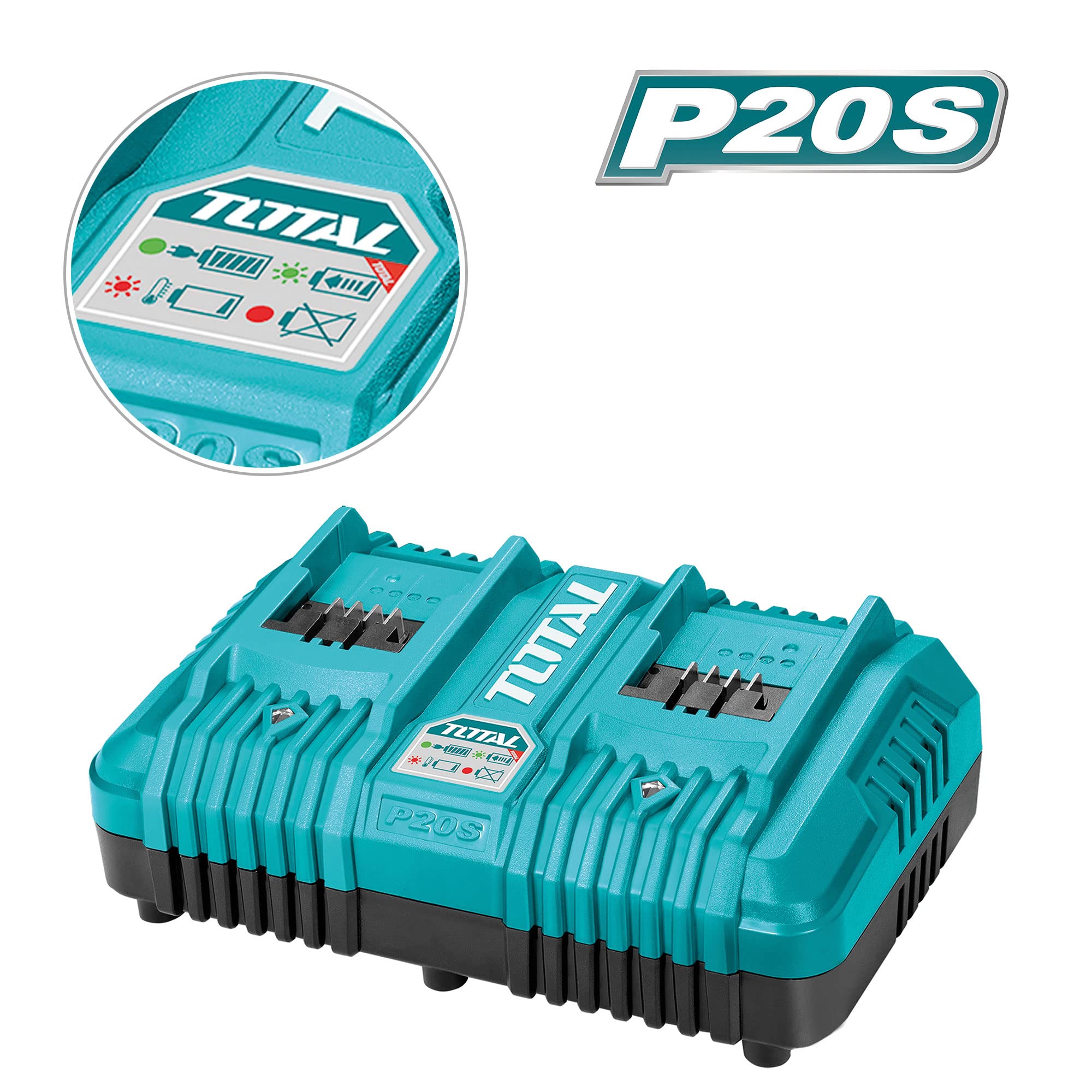TOTAL - Caricabatterie Rapido Doppio da 20 V, Caricabatterie a Due Porte per Strumento Portatile, Velocità di Ricarica: Batterie 2 Ah in 1/2 h, Compatibile con Strumenti Elettrici P20S