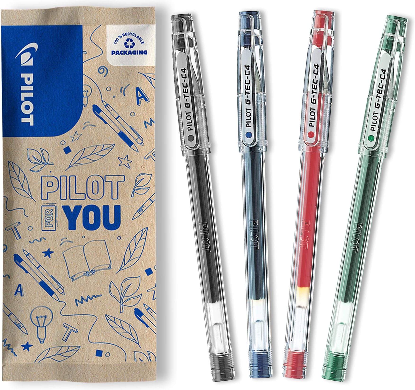 0.4 mm C4 Gtec Gel Rollerball Tip - Black/Blue/Red/Green (Pack of 4)