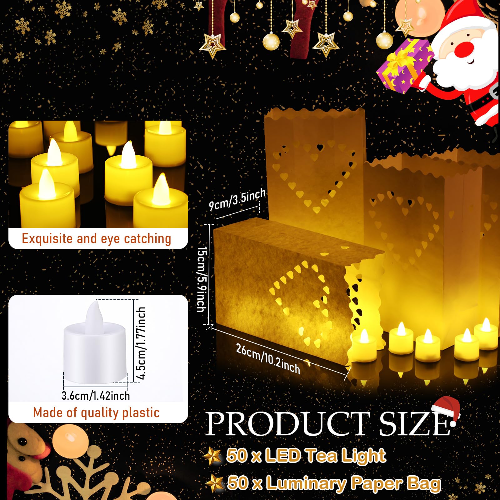 Juego de 50 bolsas de papel luminosas con velas de té sin llama, vela LED de Navidad sin llama con luminarias, bolsa de vela para cumpleaños, boda, Halloween, Navidad, Acción de Gracias, decoración de