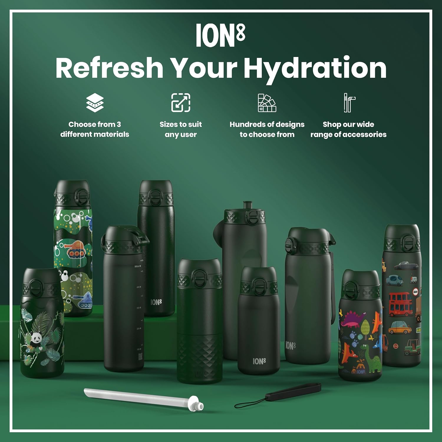 Ion8 Kids Water Bottle, Steel 400 ml/13 oz, Leak Proof, Easy to Open, Secure Lock, Dishwasher Safe, Flip Cover, Carry Handle, Easy Clean, Durable, Scratch Resistant, Carbon Neutral, Dark Green