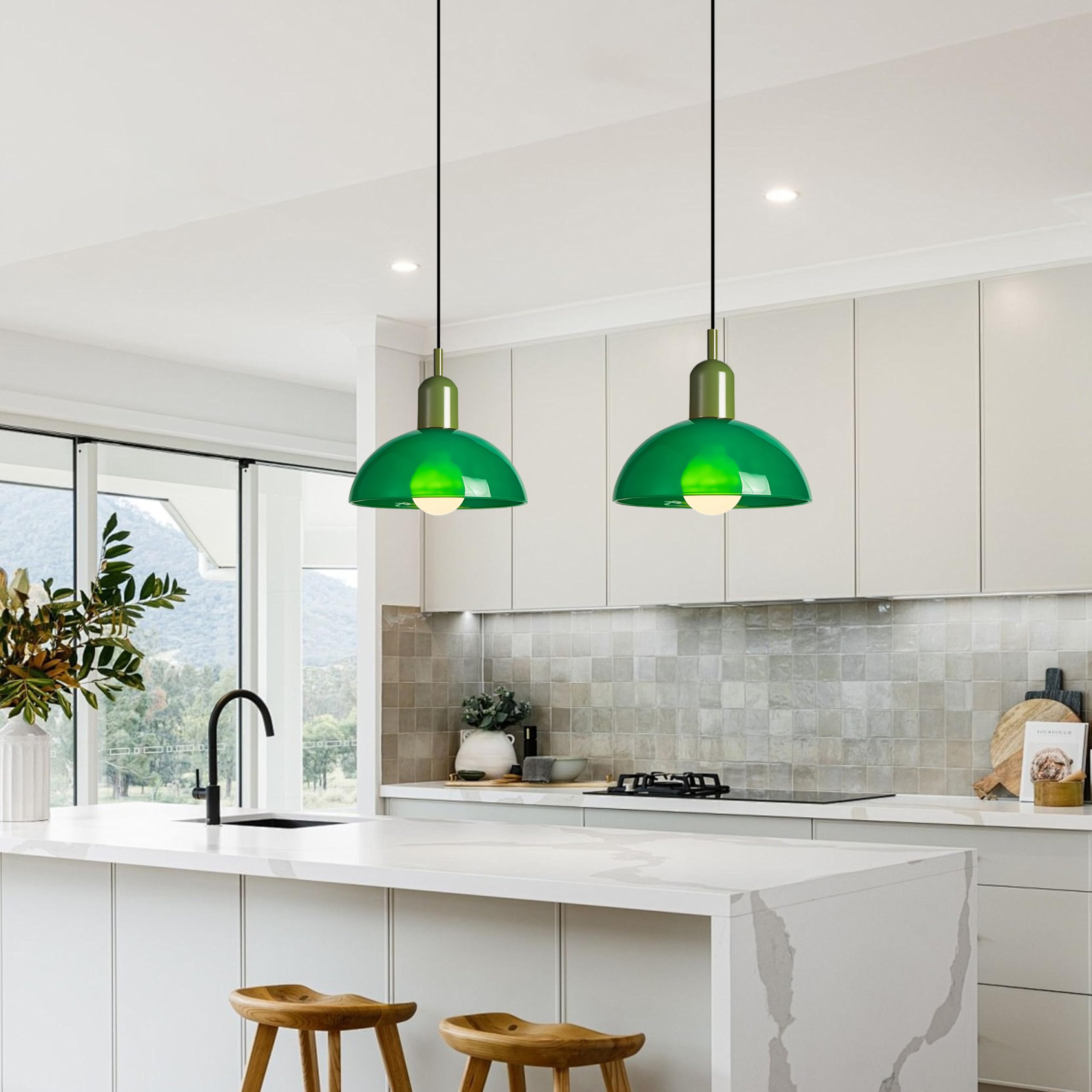 Lampada a Sospensione Moderno in Vetro a Cupola con Portalampada in Metallo, Altezza Regolabile, Lampadario da Soffitto Industriale E27 per Cucina, Sala da Pranzo, Caffè (Verde, 25cm)