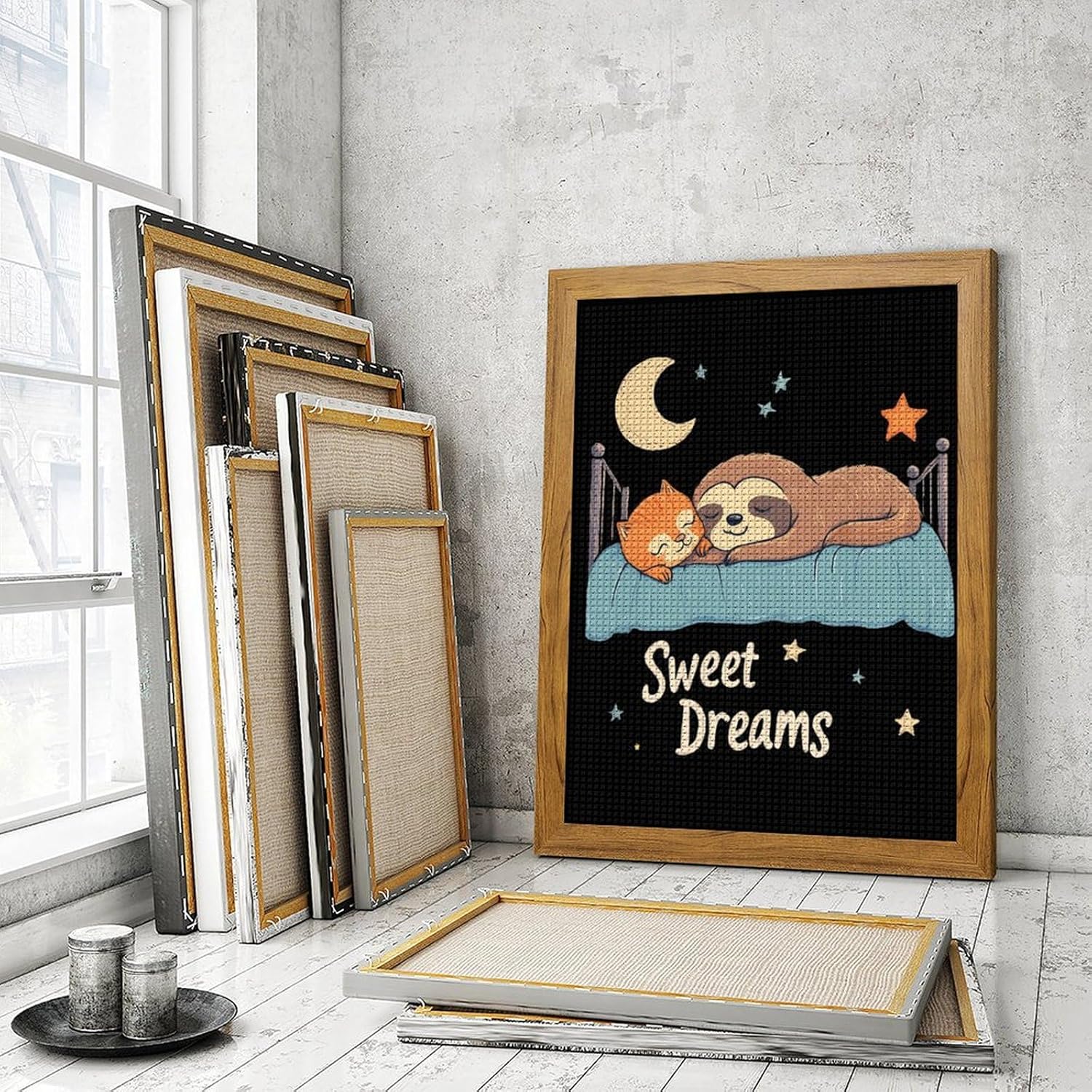 Kitten And Sloth Sweet Dreams Diamond 5D Painting Kits with Frame DIY Full Round Drill Gem Art Crafts for Home Wall Decor 16 X 20in Yellow Wood 40 * 50cm