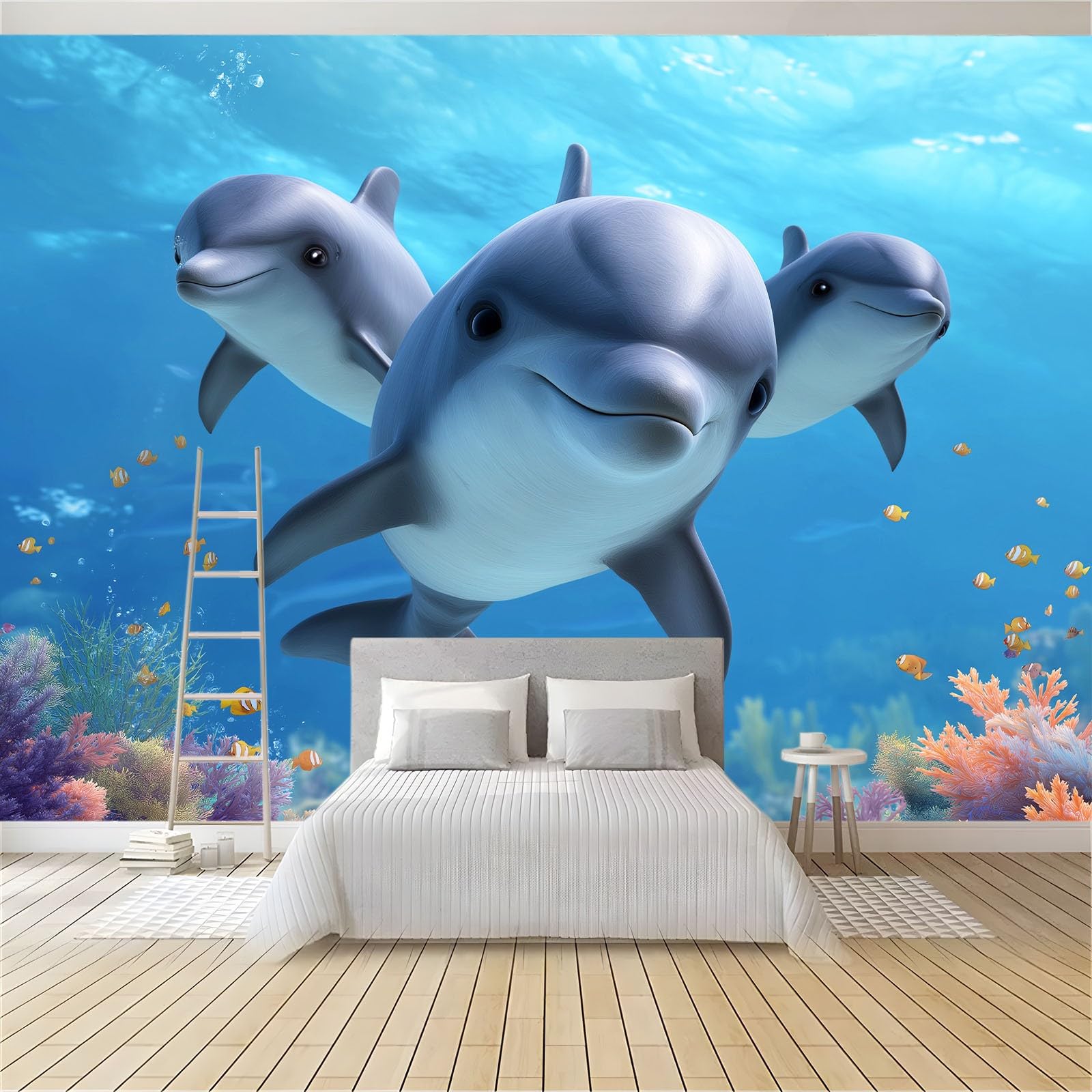 Fototapeta z efektem 3D, 350 x 256 cm (szer. x wys.), tapeta ścienna, niebieska, tapeta ścienna - śliczne morze, zwierzęta, delfiny, tapeta z włókniny, tapeta z wzorem do salonu, sypialni, biura