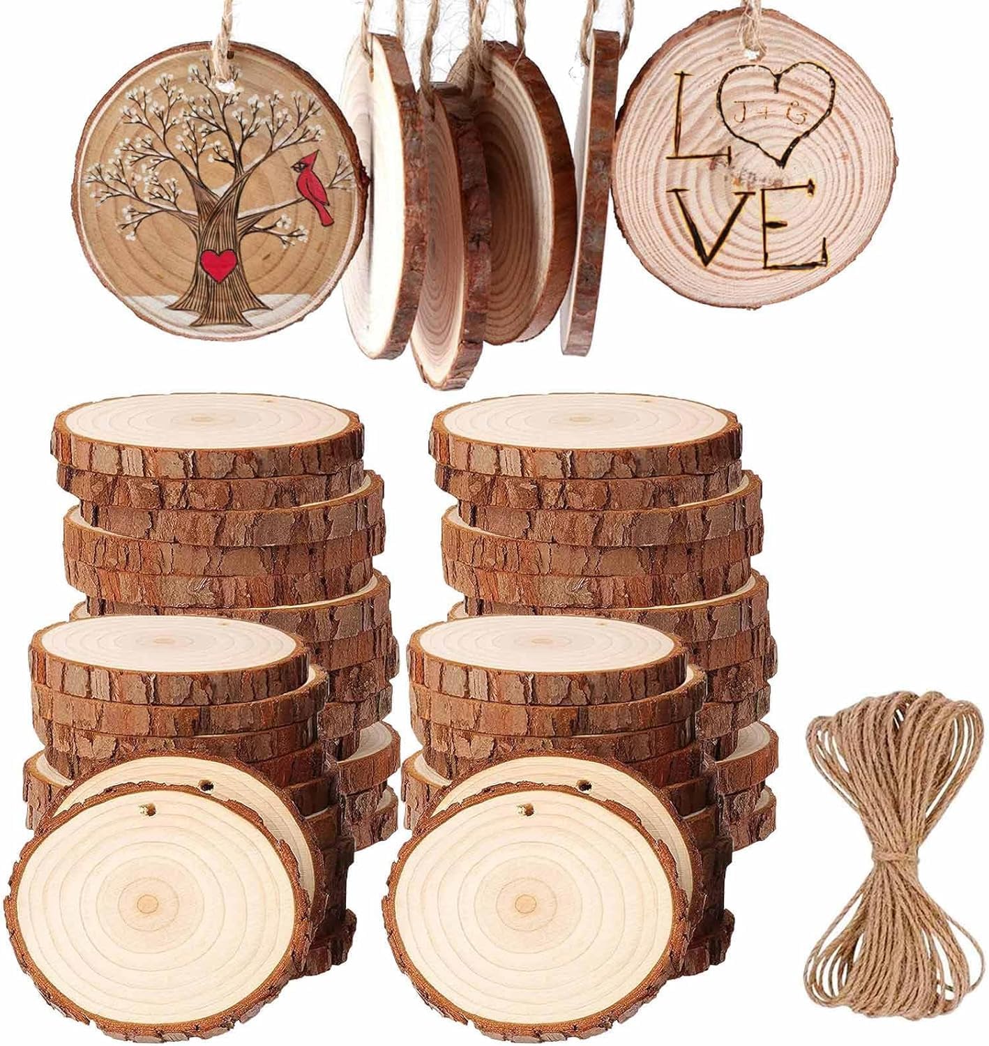 BetterJonny Natural Wood Slices, 50Pcs 2-2.4 inch Unfinished Wooden Circles, Predrilled with Hole Wood Ornaments with 10 Meters Jute Rope for Arts DIY Crafts Coasters Decorations