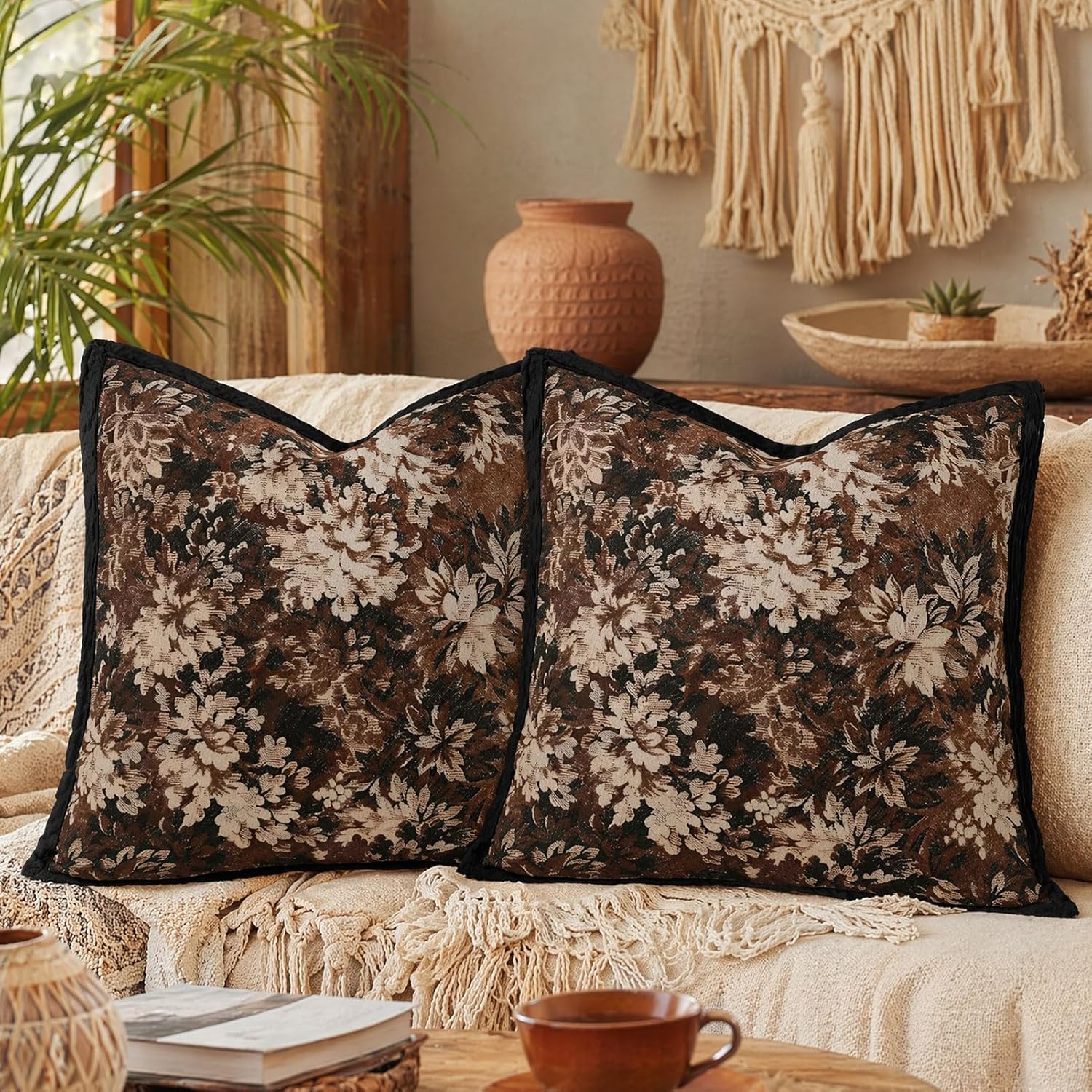 2 Pcs 18x18 Floral Chenille Throw Pillow Covers with Black Stitched Edge Soft Decorative Throw Covers for Sofa Bed Living Room Farmhouse Home Decor (Grey Brown)