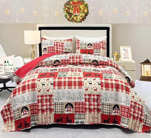 Miniatura 8 de Cozyholy Juego de Edredón de Navidad Twin de 2 Piezas, Edredón Reversible de Patchwork Rojo, Juego de Ropa de Cama de Navidad a Cuadros con Copo de