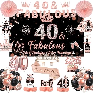 40th Birthday Decorations, Black and Rose Gold 40th Birthday Party Decorations Set with Crown, Sash, Banner, Backdrop, Balloons, Cake Topper & Party Supplies for 40th Birthday Celebration