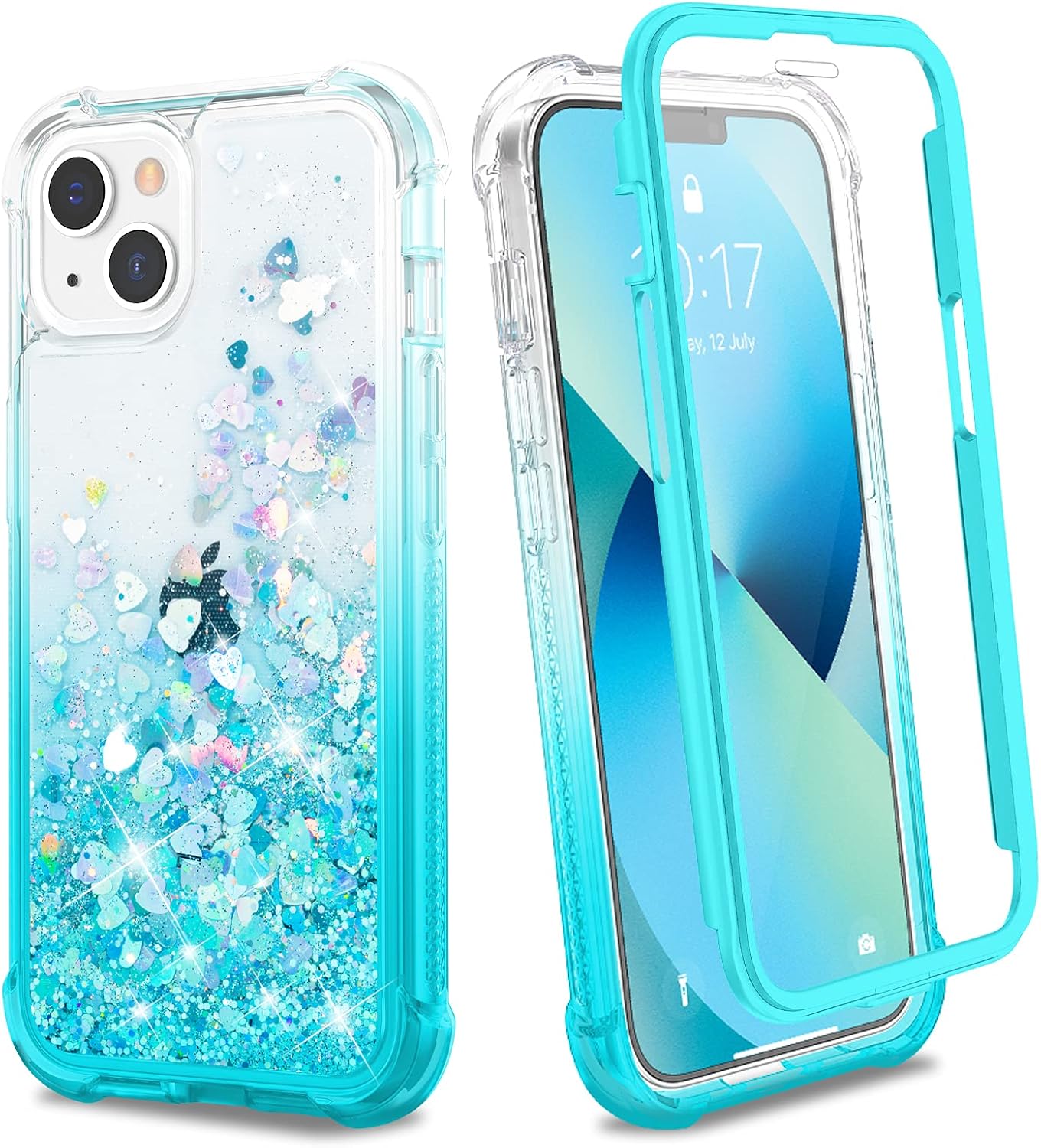 Ruky for iPhone 13 Phone Case & iPhone 14 Phone Case, Glitter Liquid Full Body Case with Built-in Screen Protector Soft TPU Girls Women Phone Case for iPhone 13 & iPhone 14 6.1”, Gradient Teal
