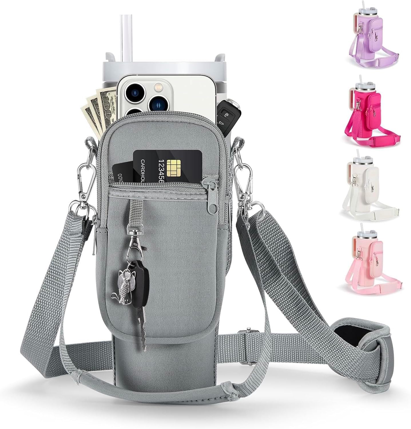 linmaya Water Bottle Carrier Bag with Phone Pocket for Stanley Cup 40/30oz,Insulated Neoprene Water Bottle Holder Cross-boday Bag with Adjustable Shoulder & Handheld Strap Stanley Cup Accessories