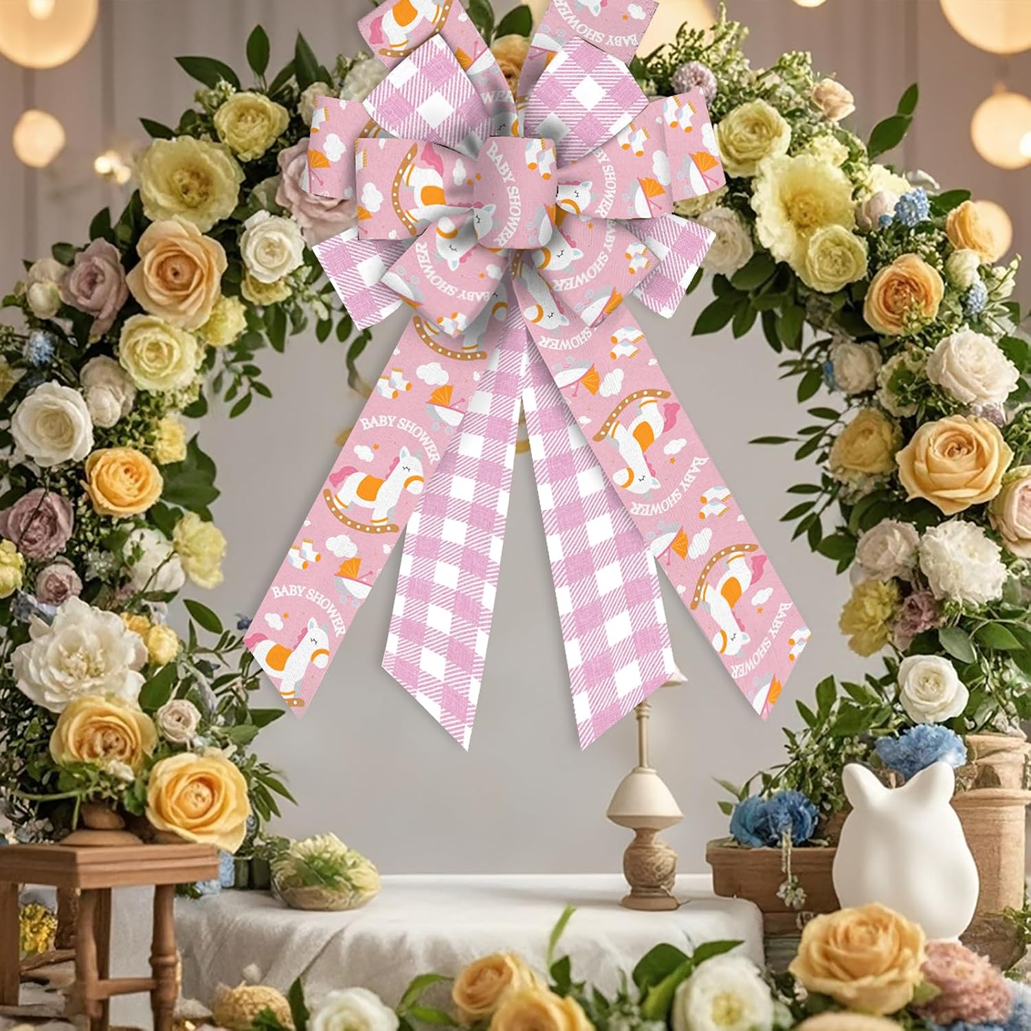 Large Baby Girl Bow for Wreath, Baby Shower Wreath Bow for Gender Reveal Décor Baby Shower Bow for Front Door Indoor Outdoor Wall Tree Topper Decoration Supplies Surprise Hanging Ornament image 3