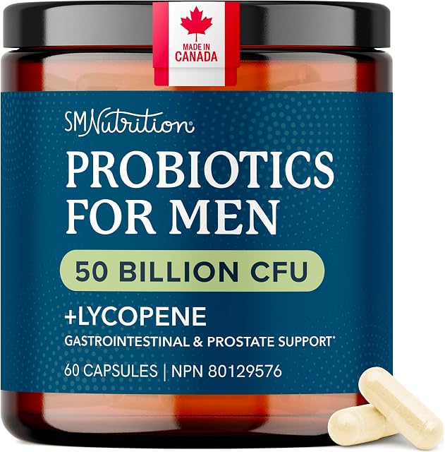Probiotics for Men | Gut Health & Prostate Support | 50 Billion CFU with 15 Probiotic Strains | With Lycopene for Prostate Support | Men’s Gut Health Supplements | Non-GMO | Made in Canada | 60 Ct