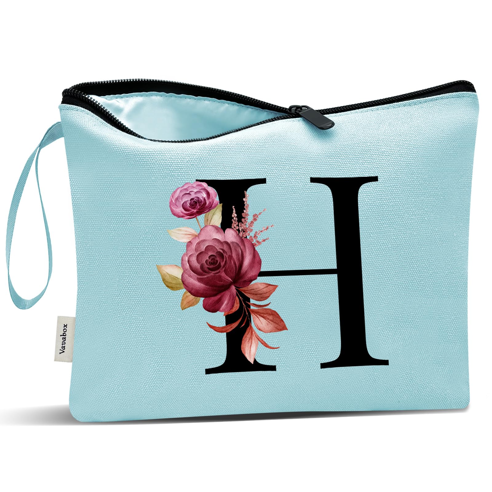 Vavabox A-Z Personalized Makeup Bag, Birthday Gifts for Women Mom, Gifts for Best Friend, Bride Bridesmaid Cosmetic bag (H, Aqua)