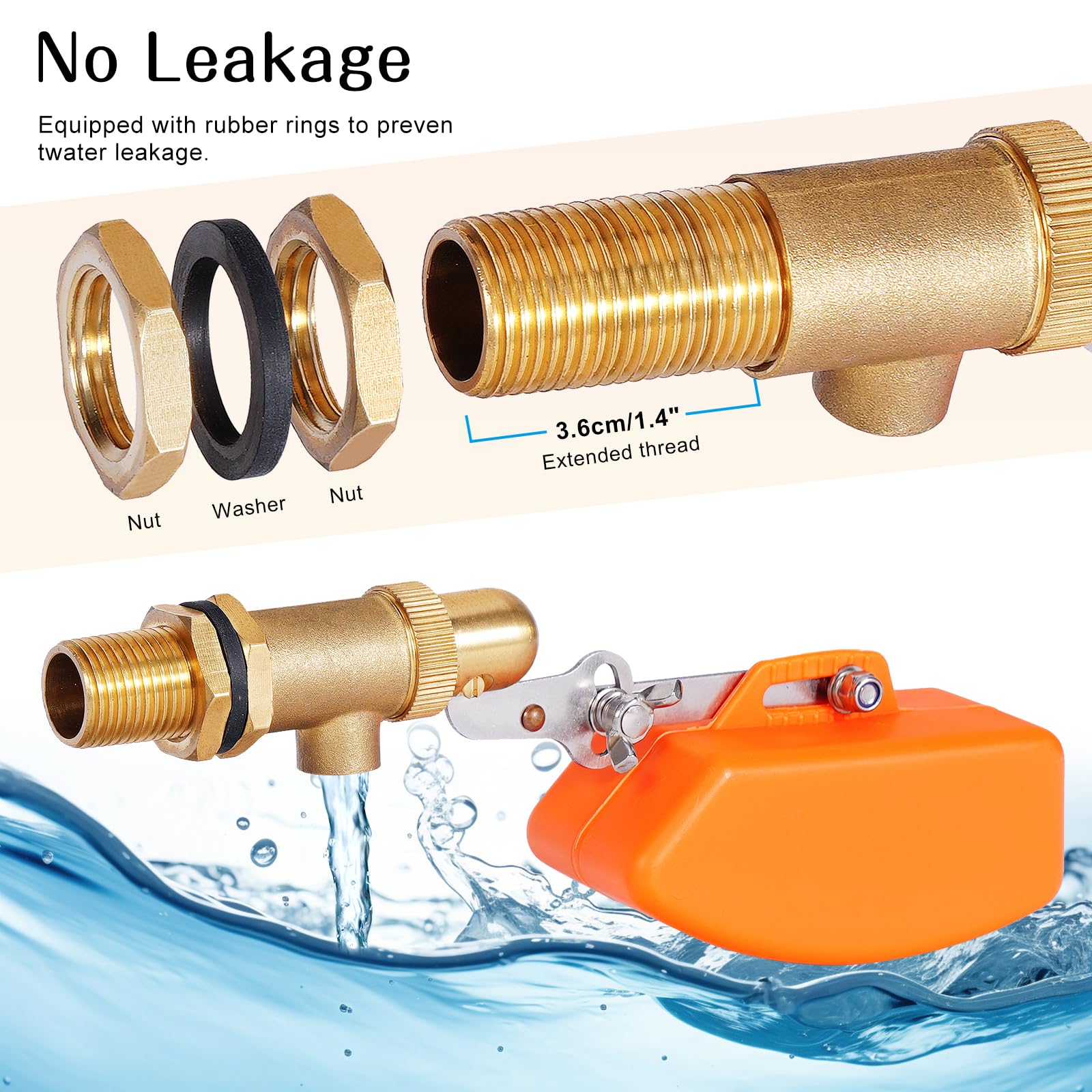 Robinet flotteur en laiton 1/2" - Robinet flotteur automatique pour réservoir d'eau, piscine, abreuvoir, flotteur orange en plastique - Interrupteur à flotteur